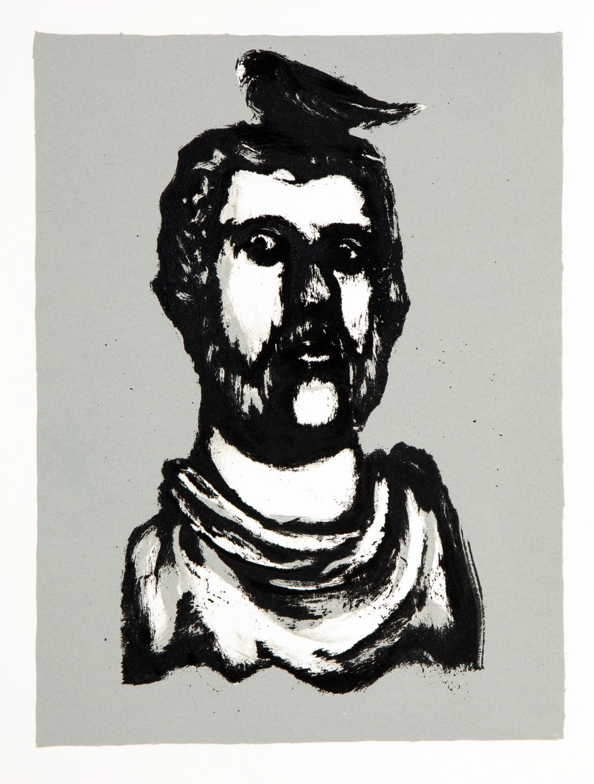 Mychael Barratt black and white print on a grey background of an emperors head, a black bird comically rests on his head as the emperor expresses an alarmed look on his face.
