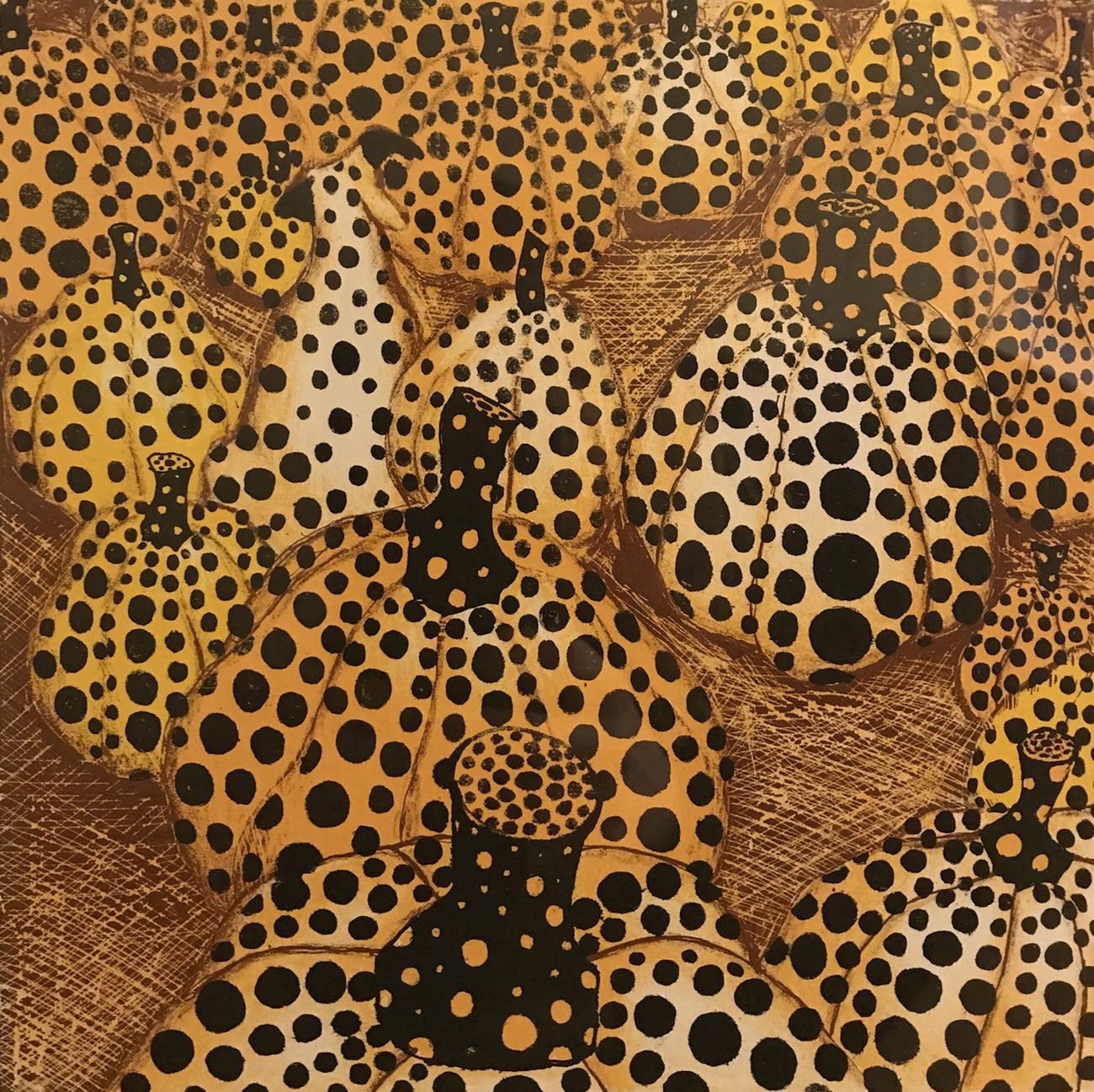 Mychael Barratt homage to Yayoi Kusama, spotted pumpkins in orange and black provide camouflage for a dog