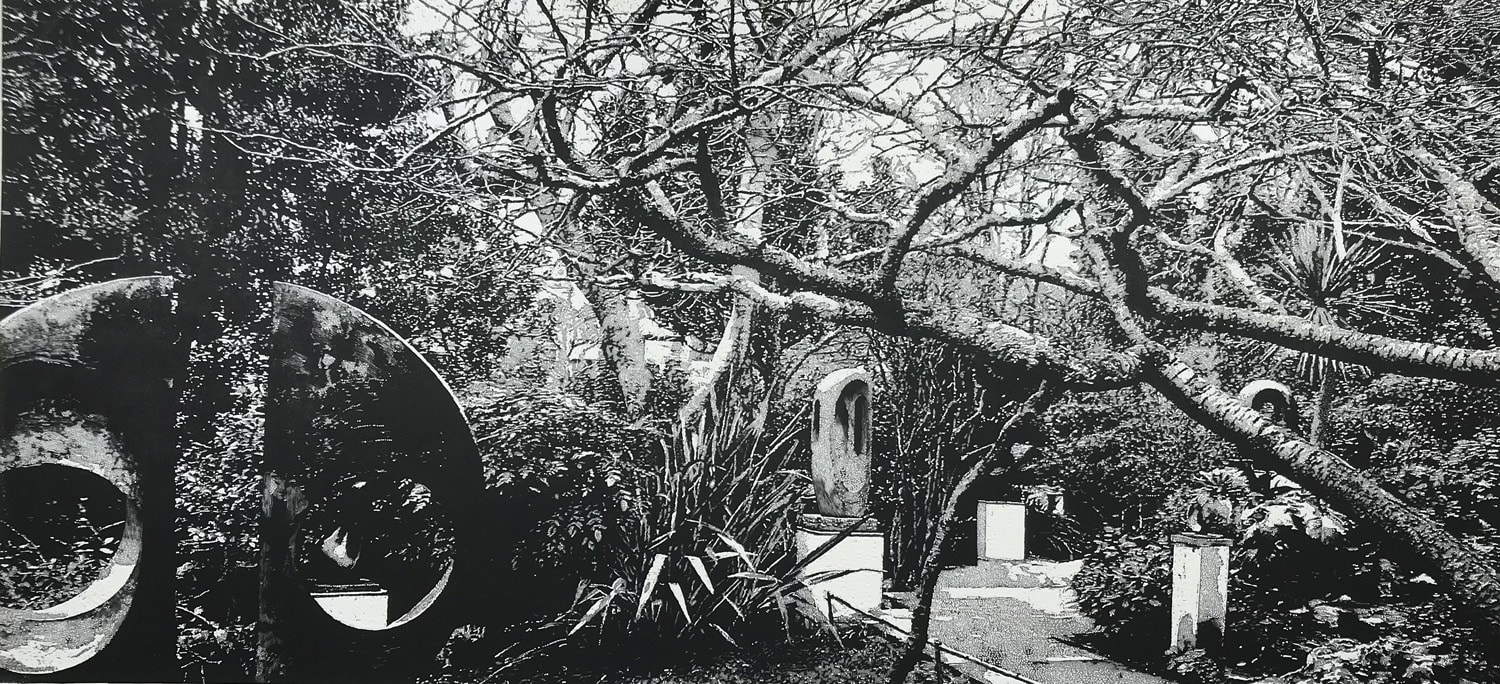 Trevor Price highly detailed drypoint print in black and white of sculptures nestled in Hepworth's Garden