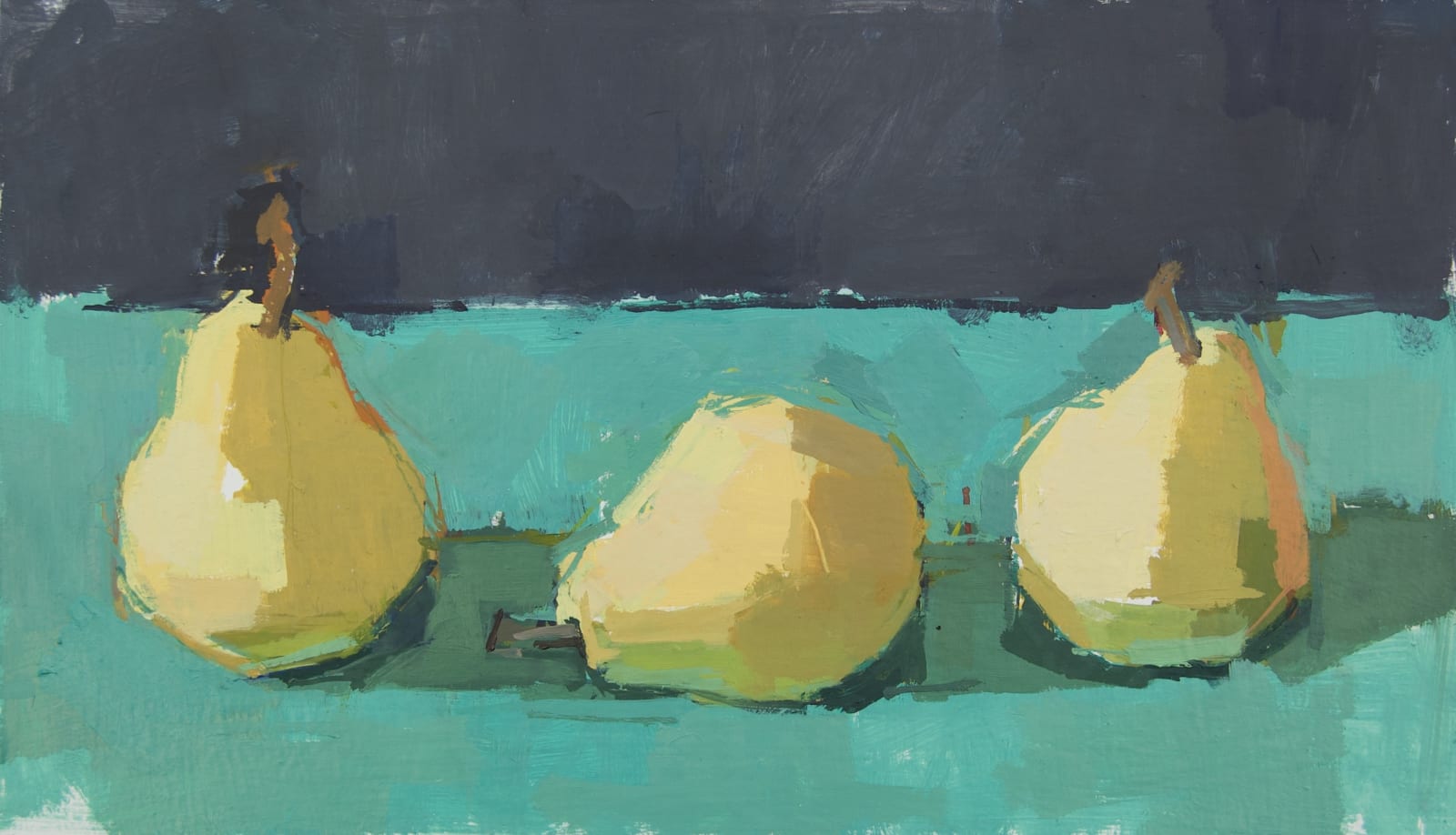 Sarah Spackman still life of three pears on a green and grey background
