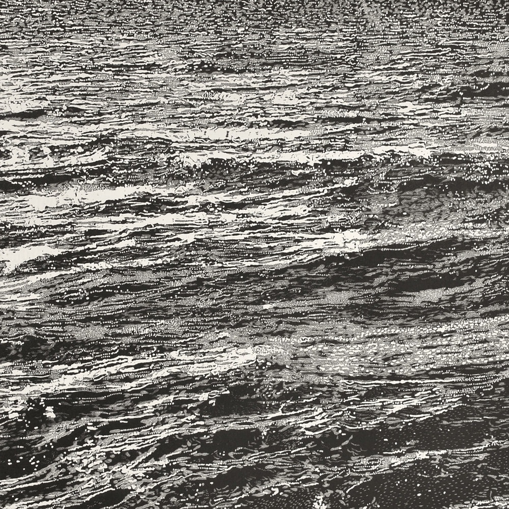 Trevor Price detailed black and white drypoint of choppy sea waves