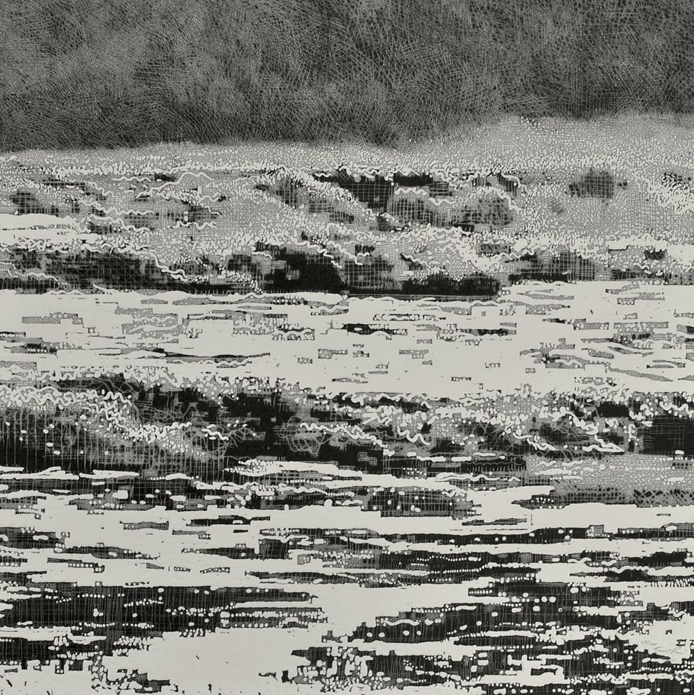 Trevor Price detailed black and white drypoint of stormy waves breaking on the shore