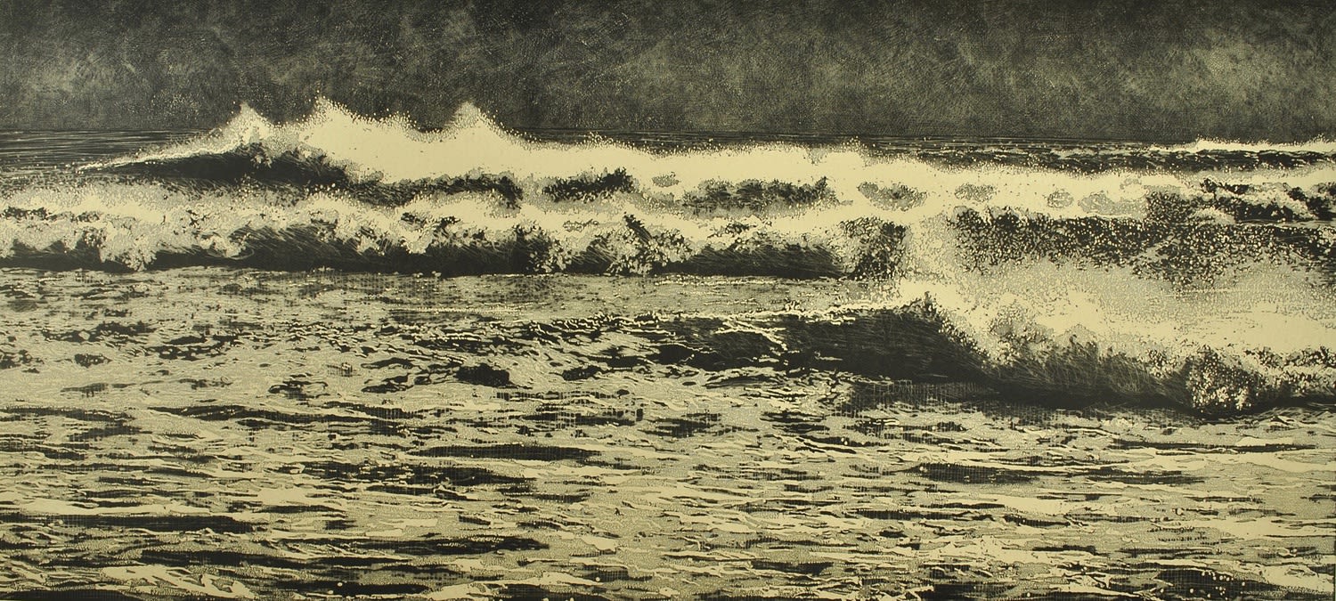 Trevor Price detailed black and white drypoint of stormy waves crashing dramatically towards the shore