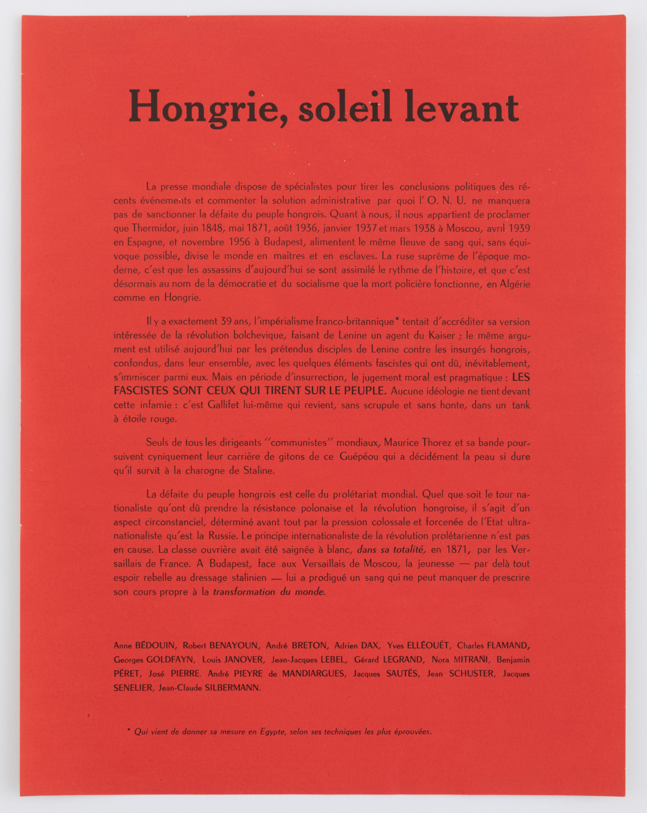 André Breton, André Pieyre de Mandiargues, Jean-Louis Bedouin, Jacques Sennelier, Georges Goldfayn, Jean-Claude Silbermann, Benjamin Péret, Hongrie, soleil levant, 1956