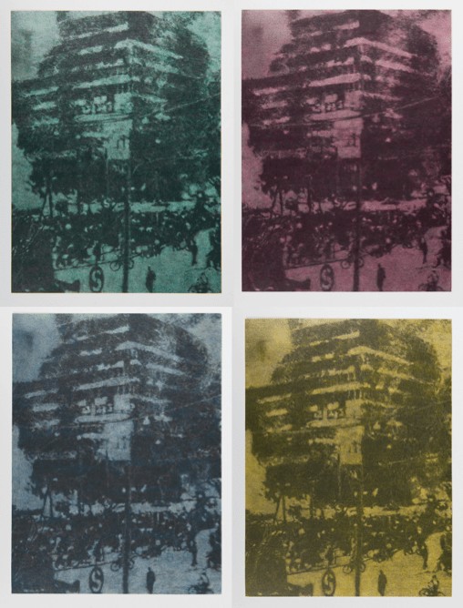 Richard Forster, Notes on Architecture: Columbushaus on fire, green, pink, blue, yellow, 2016-2018