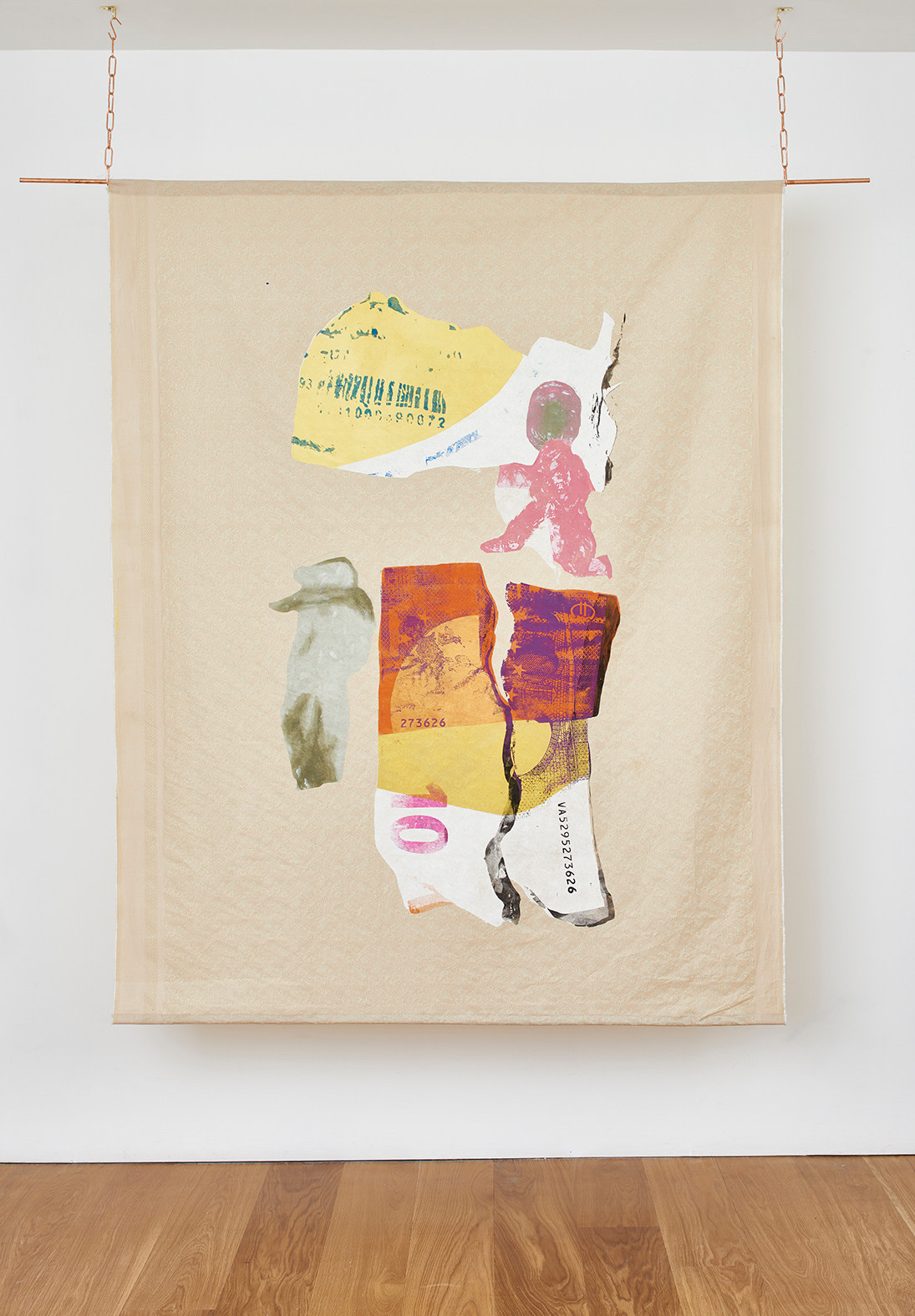 Shezad Dawood, Knotted plastic bags containing presumably native earth, Euro banknote and torn pharmaceutical packaging, 2017