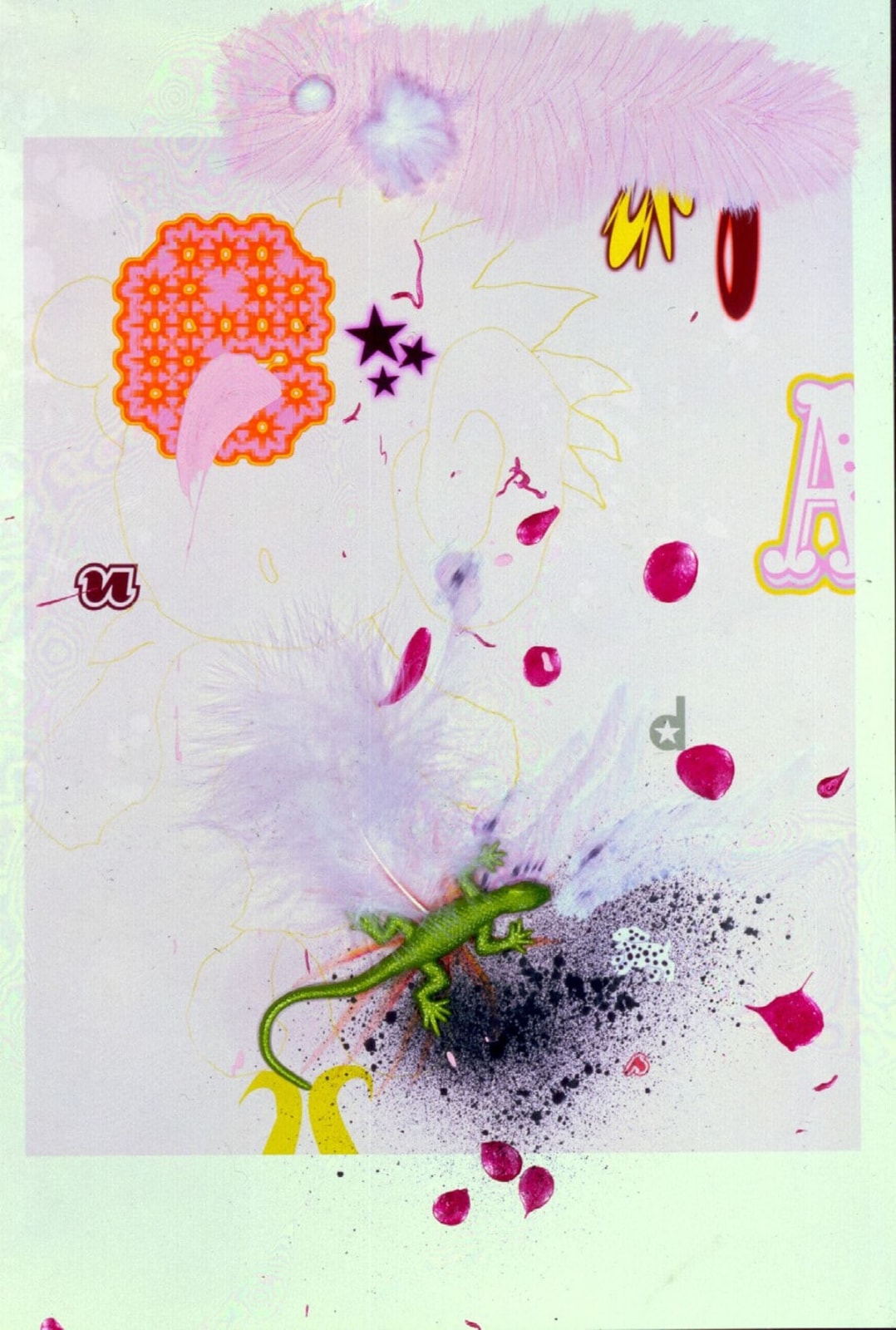 Fiona Rae, Untitled (pink with lizard), 2004