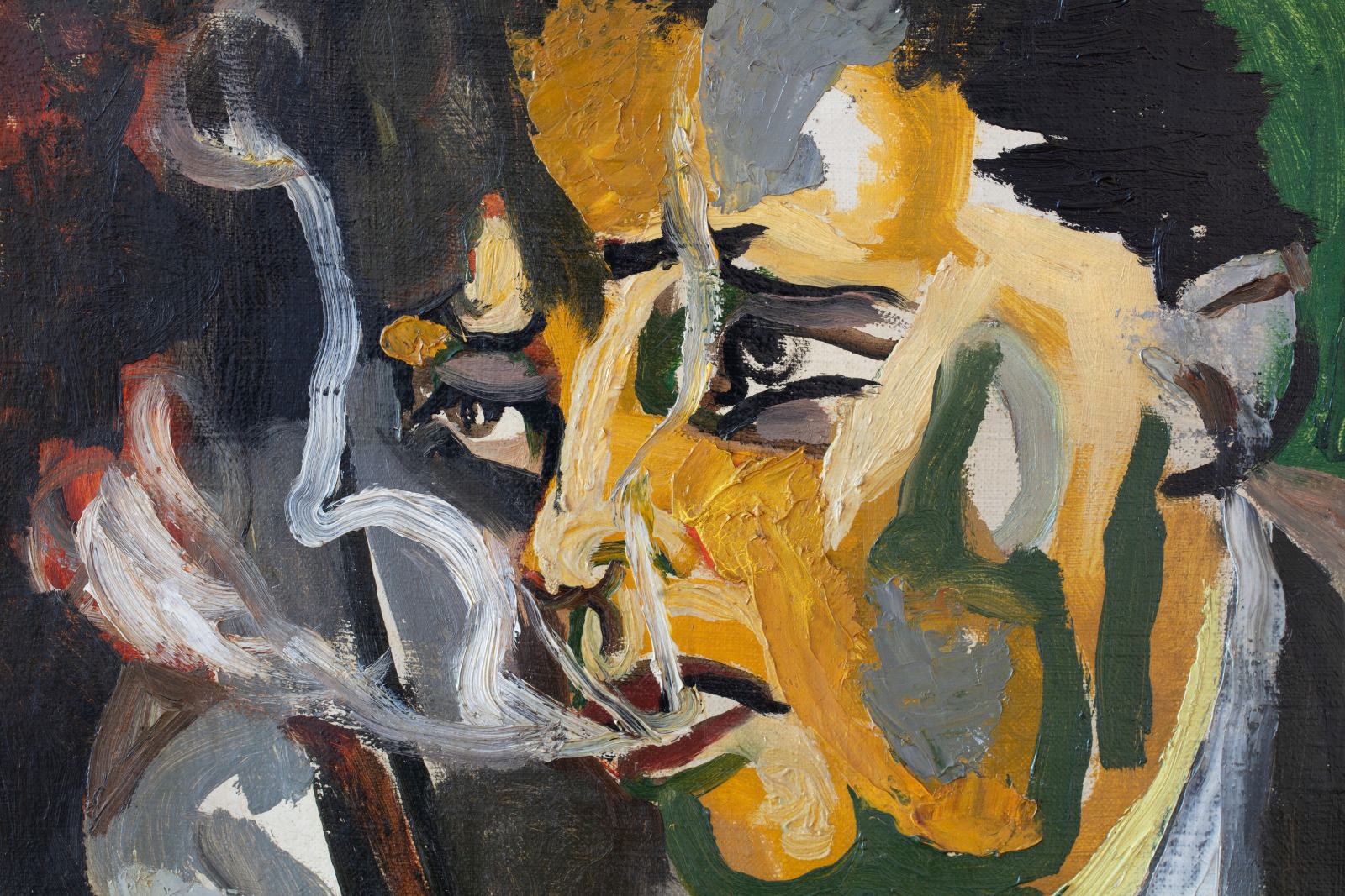 Detail of an abstract oil painting of a person smoking