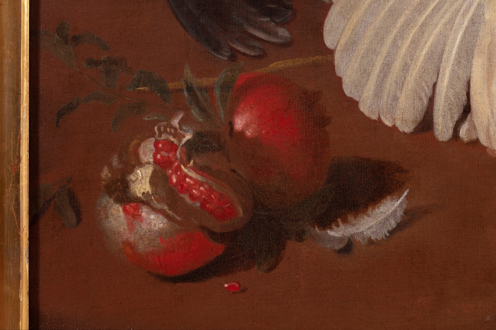 Painting of a still life with lute, carpet, dog, chickens and vase of flowers