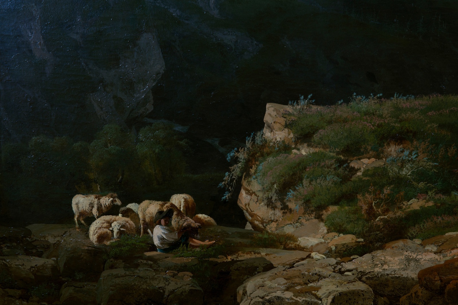Detail of the painting depicting a flock of sheep