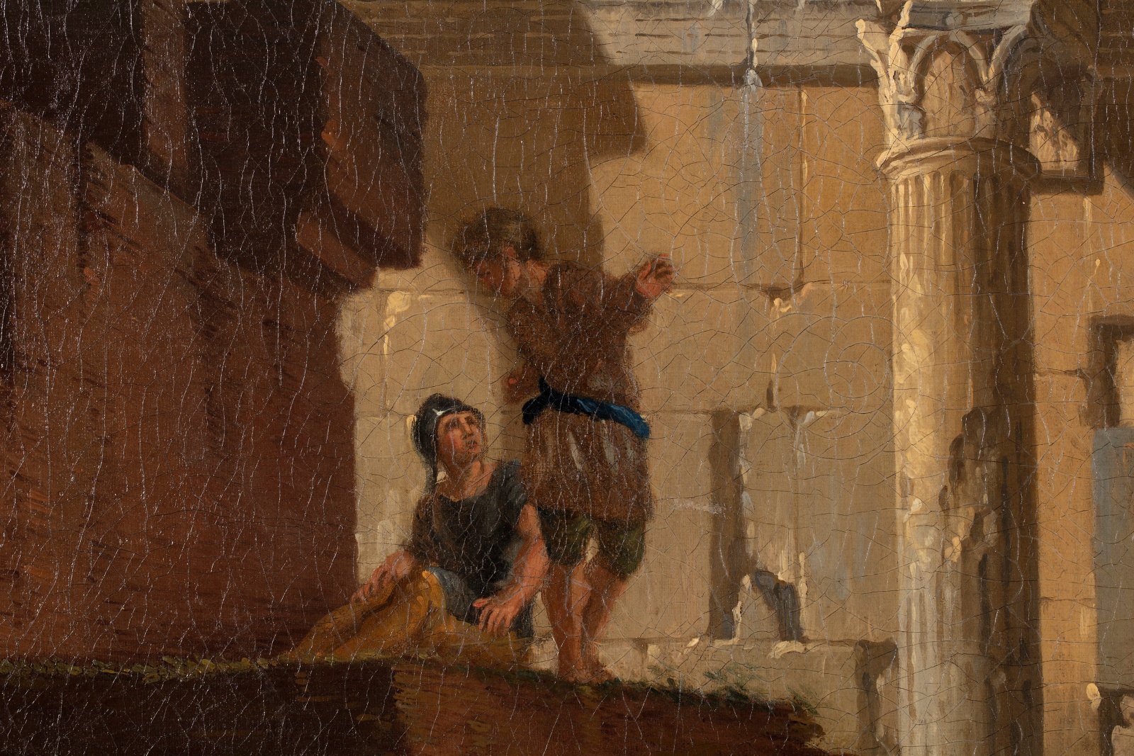 Detail of an oil painting of figures gathered on ancient ruins.