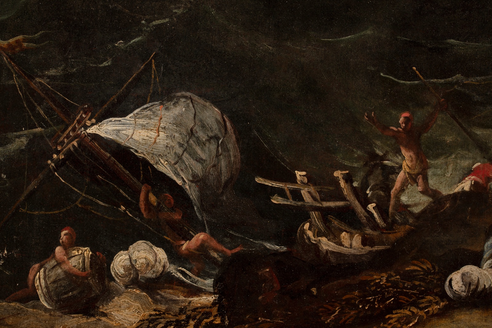Detail of an oil painting of a fortification with storm and shipwreck.
