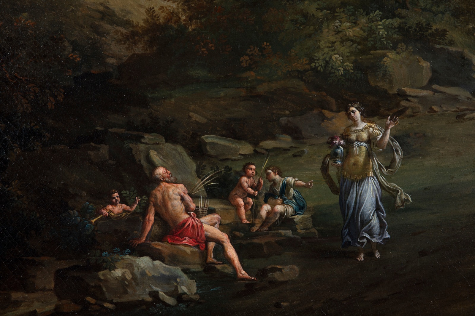 Detail of a painting depicting a bucolic landscape and several figures engaged in conversation.