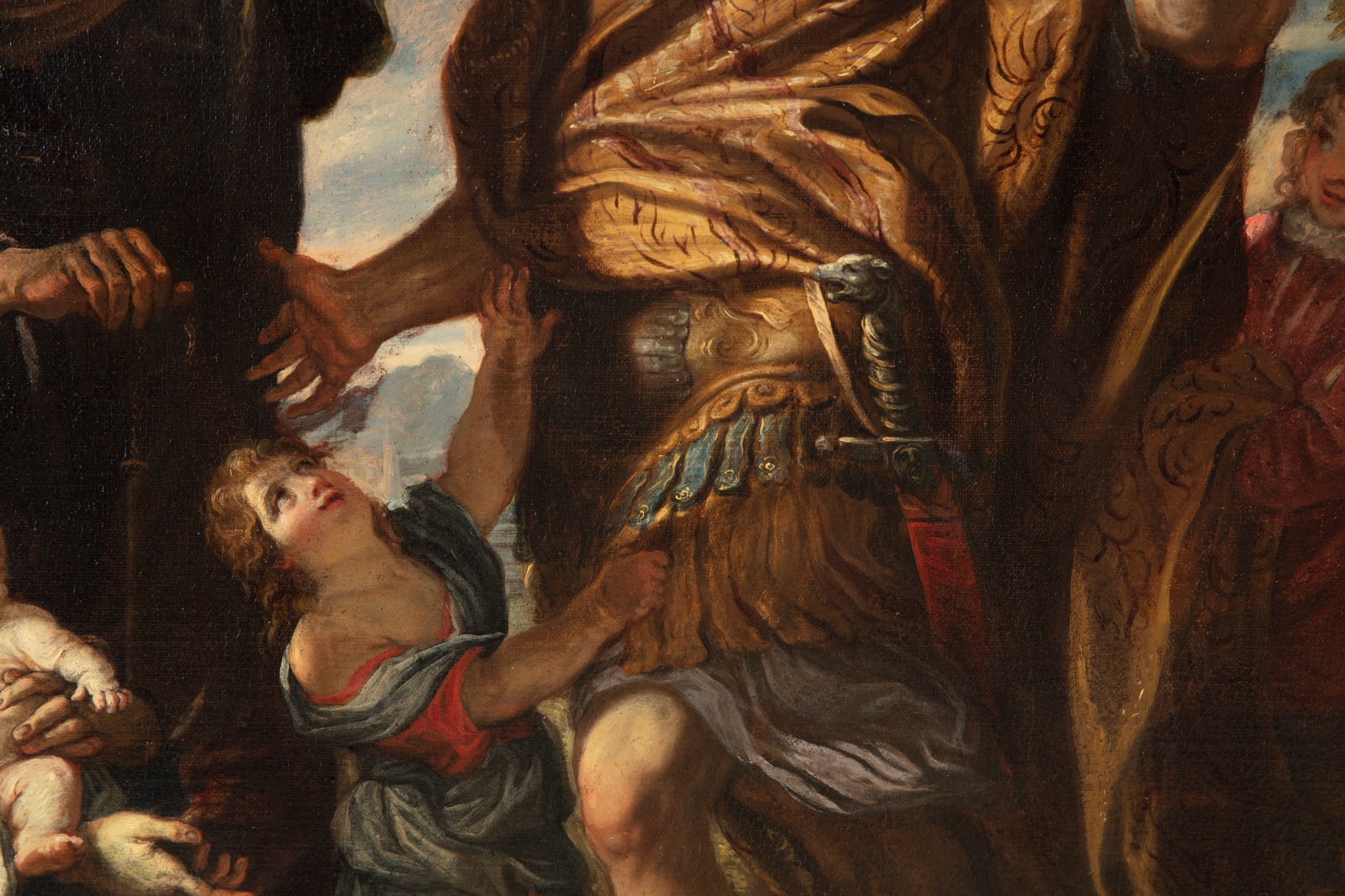 Detail of a painting of Roman robes and a figure of a woman