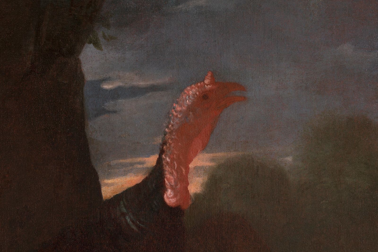 Painting of a rooster, some hens, a goose and a turkey