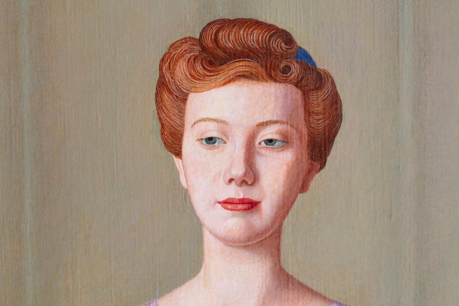 Detail of an oil painting of a dog trainer in a purple dress and two dogs. Surrounded by a circus-like scene with green curtains, ladder, hoop, ball and red platform with gold tassels. The detail shows the dog trainer's face.