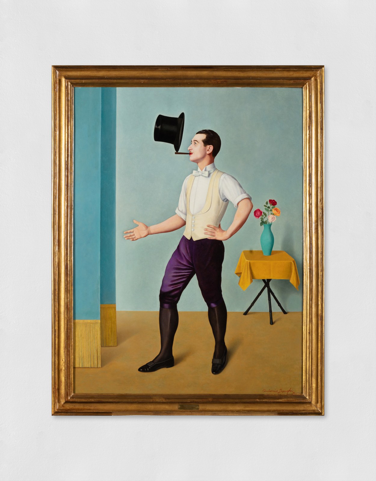 An oil painting of a Juggler balancing his hat. The figure stands in a blue room alongside a table and a vase of flowers.