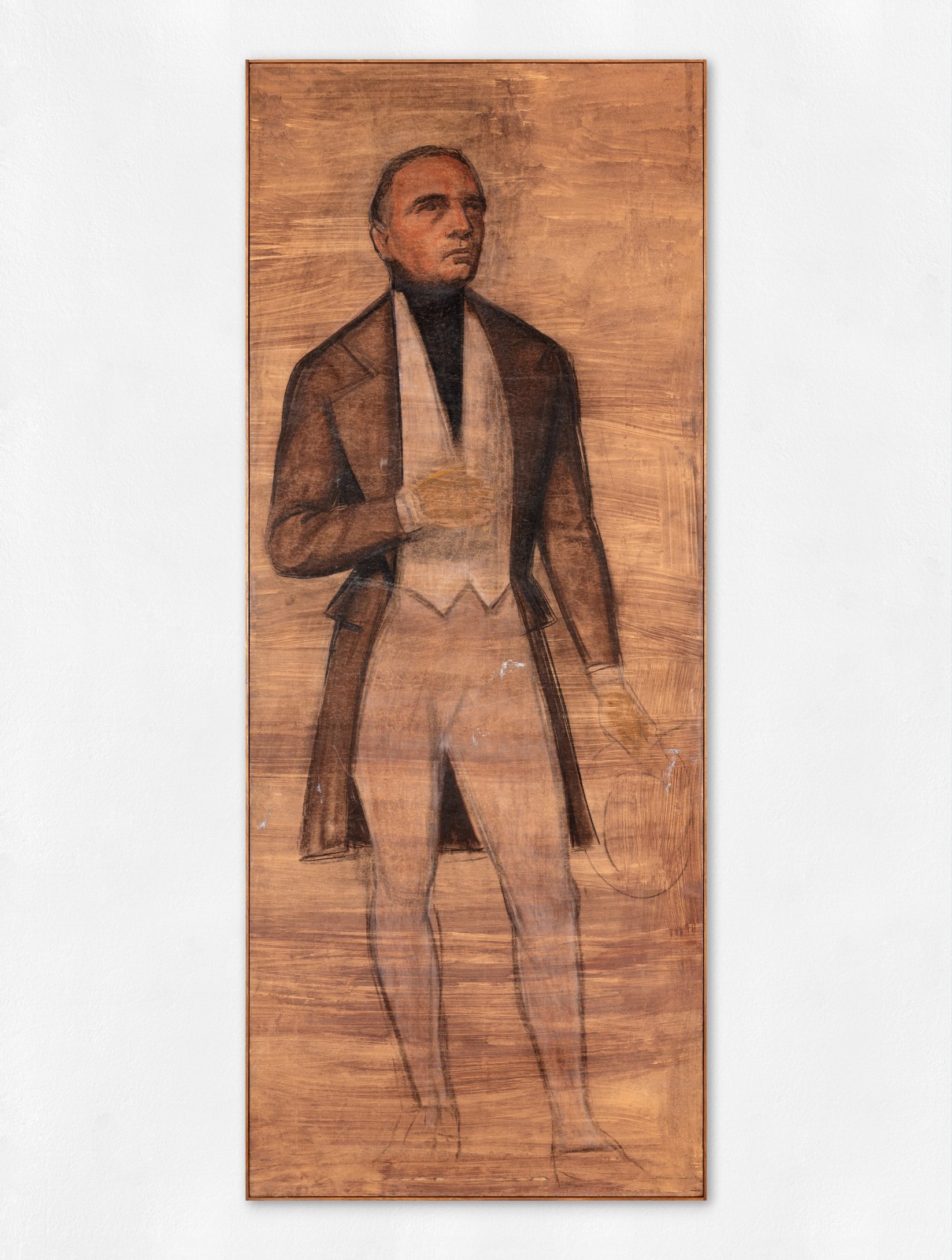 A mixed-media painting of a male figure dressed as a merchant.