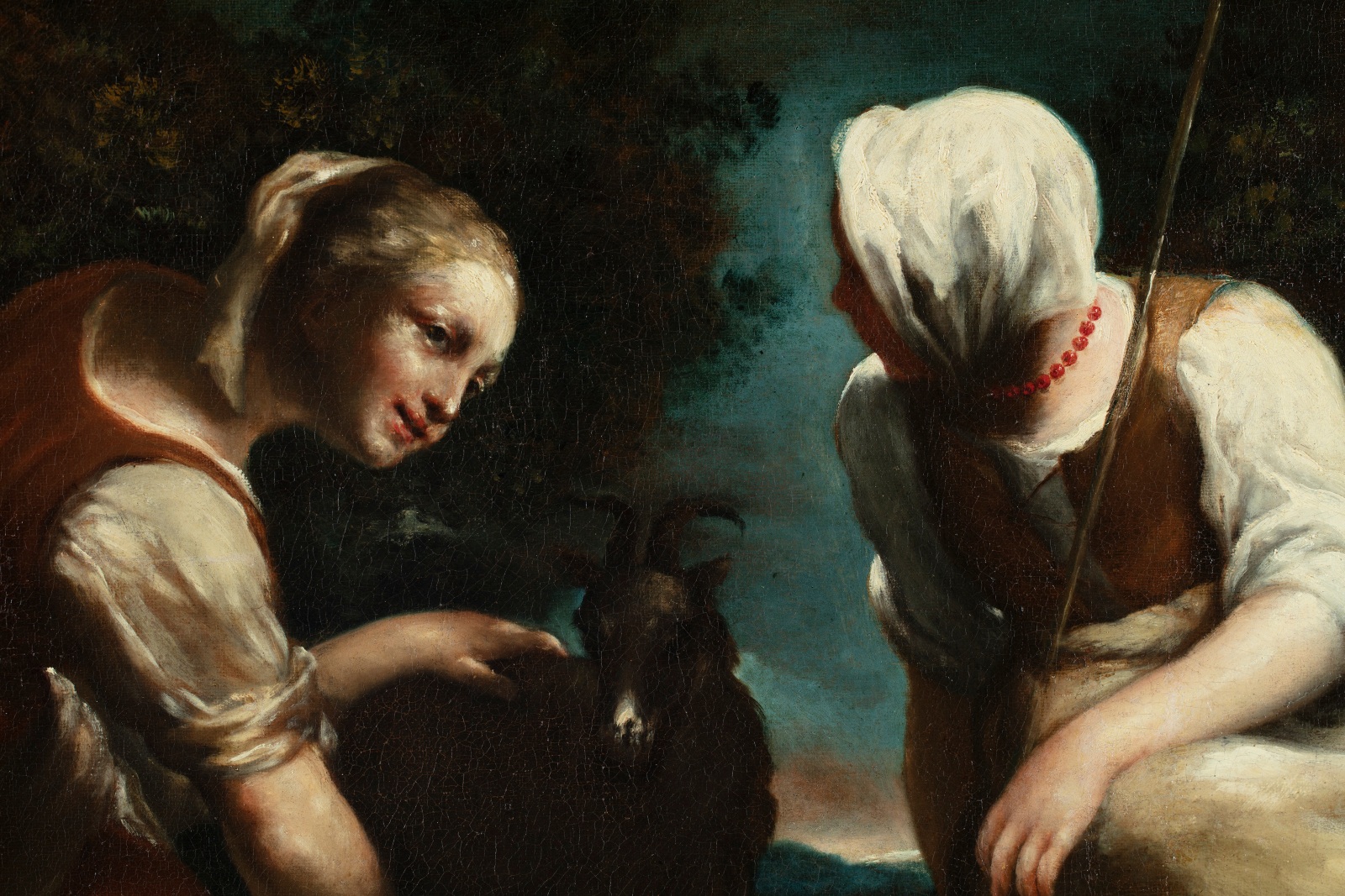 Detail depicting two shepherdesses talking to each other, one wearing a kerchief on her head and a red pearl necklace. The second shepherdess caresses a black goat.