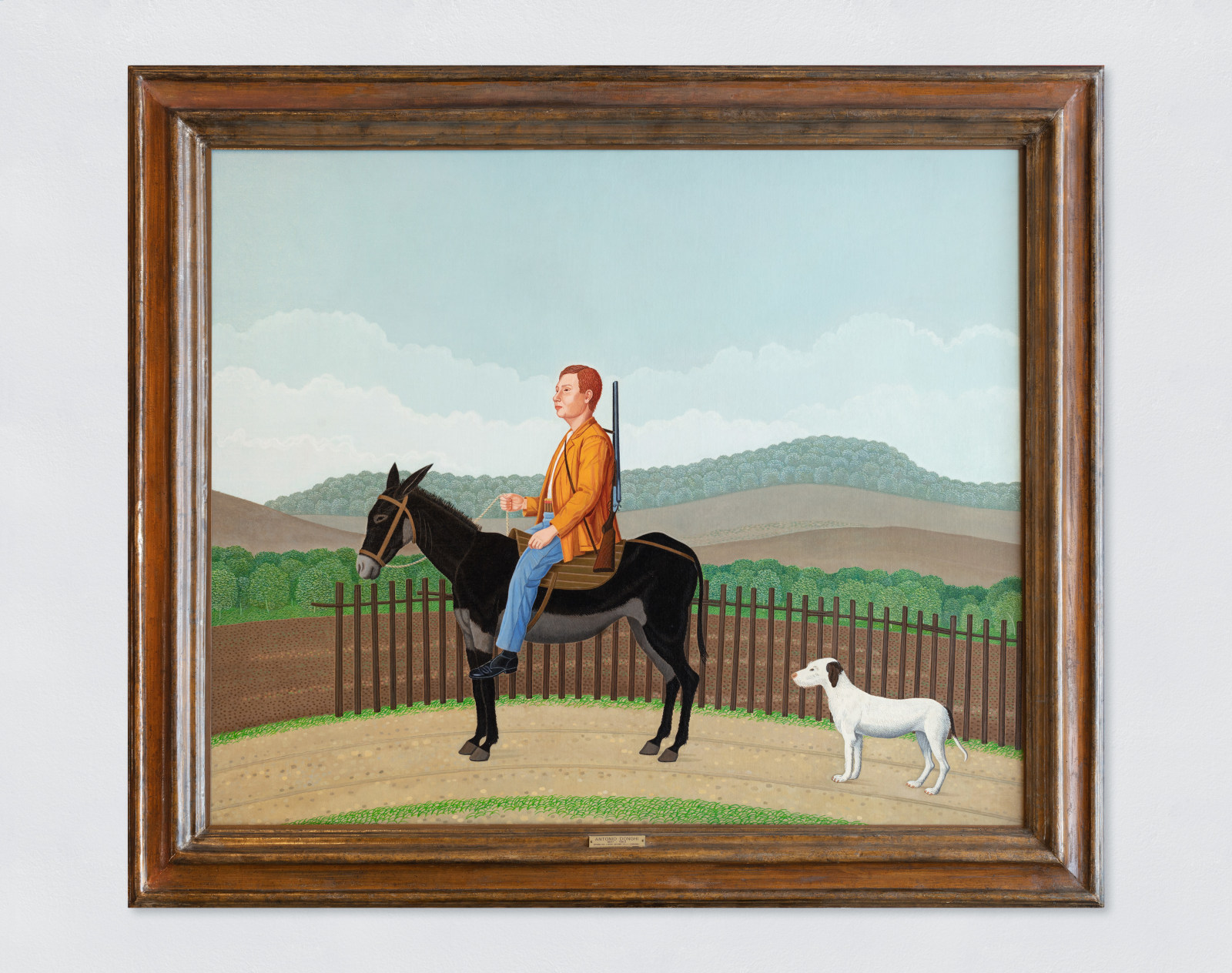 An oil painting of someone returning from work in the countryside on a donkey alongside a dog. The landscape shows rolling hills. The rider has red hair, an orange jacket, a white shirt and blue jeans. Around their body is a shotgun. The horse is black, and the dog is white and brown.