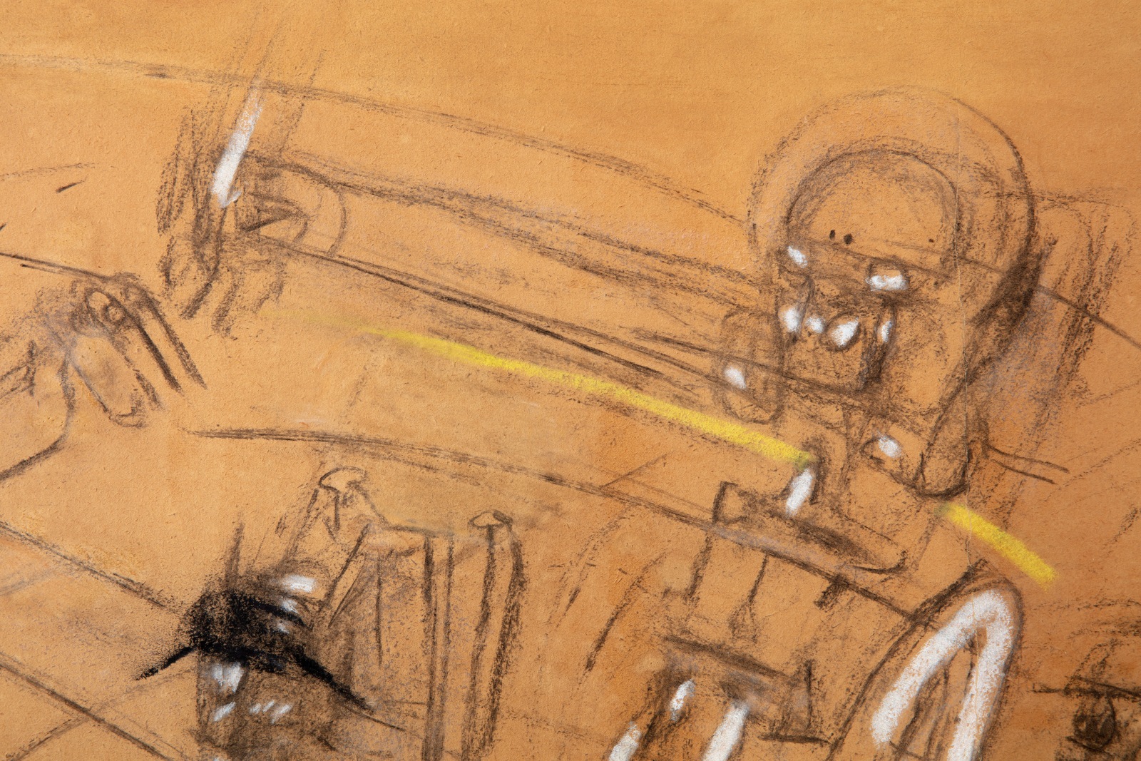 A detail of a work on marouflé paper using coloured pencils and pastels of an abstract image.