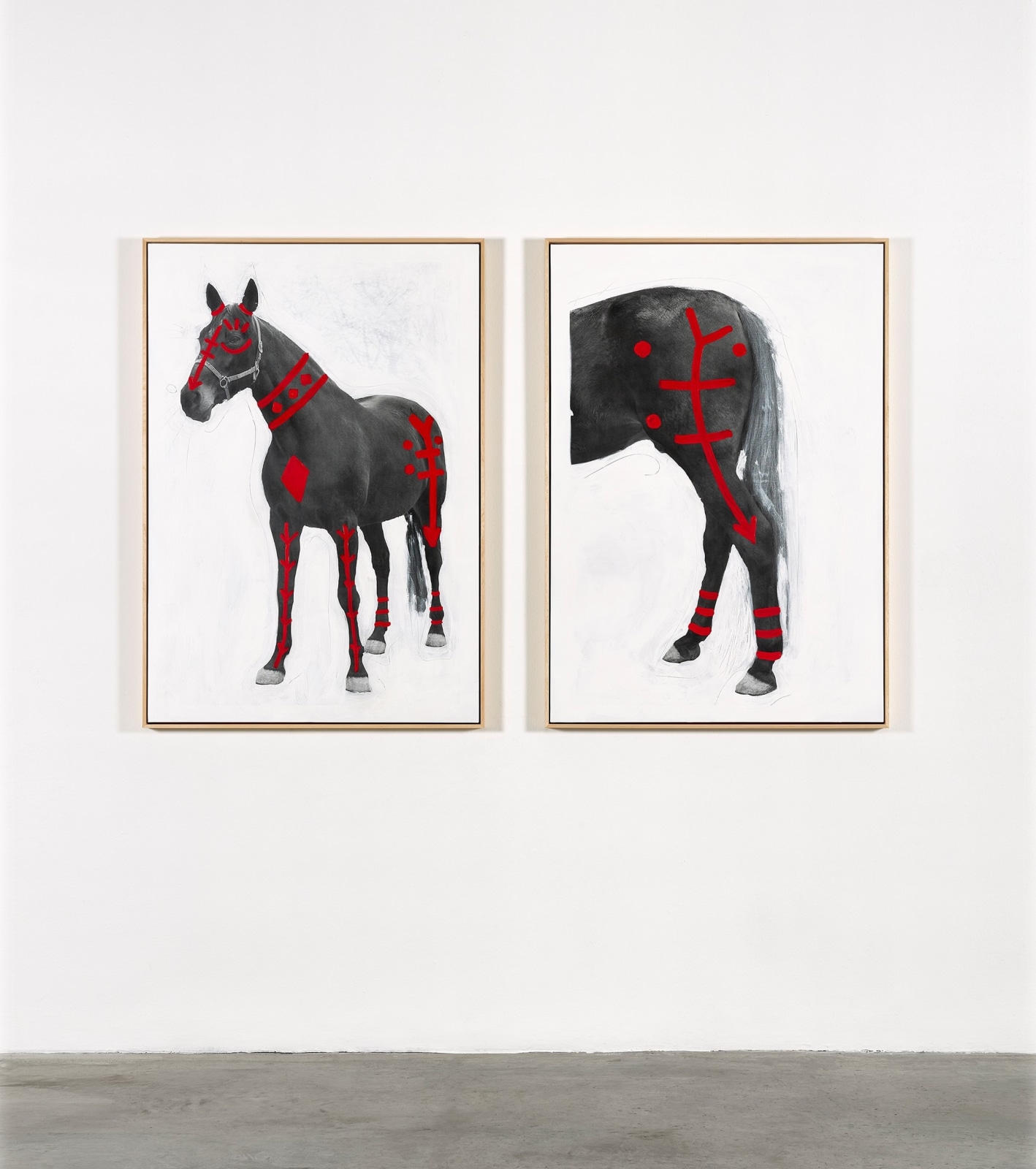 A mixed media diptych on canvas using UV print, acrylic, charcoal, graphite, and protective varnish. The first panel shows an image of a horse, and the second the back of a horse, both with red paint, acrylic, charcoal, and graphite applied to the surface.