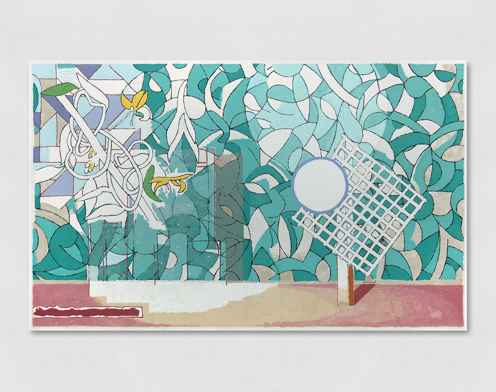 A pulp painting of an abstracted interior space. The image loosely represents a green and purple patterned wall meeting a pink floor, disrupted by varying shapes, shadows, and layered items distorting perspective.