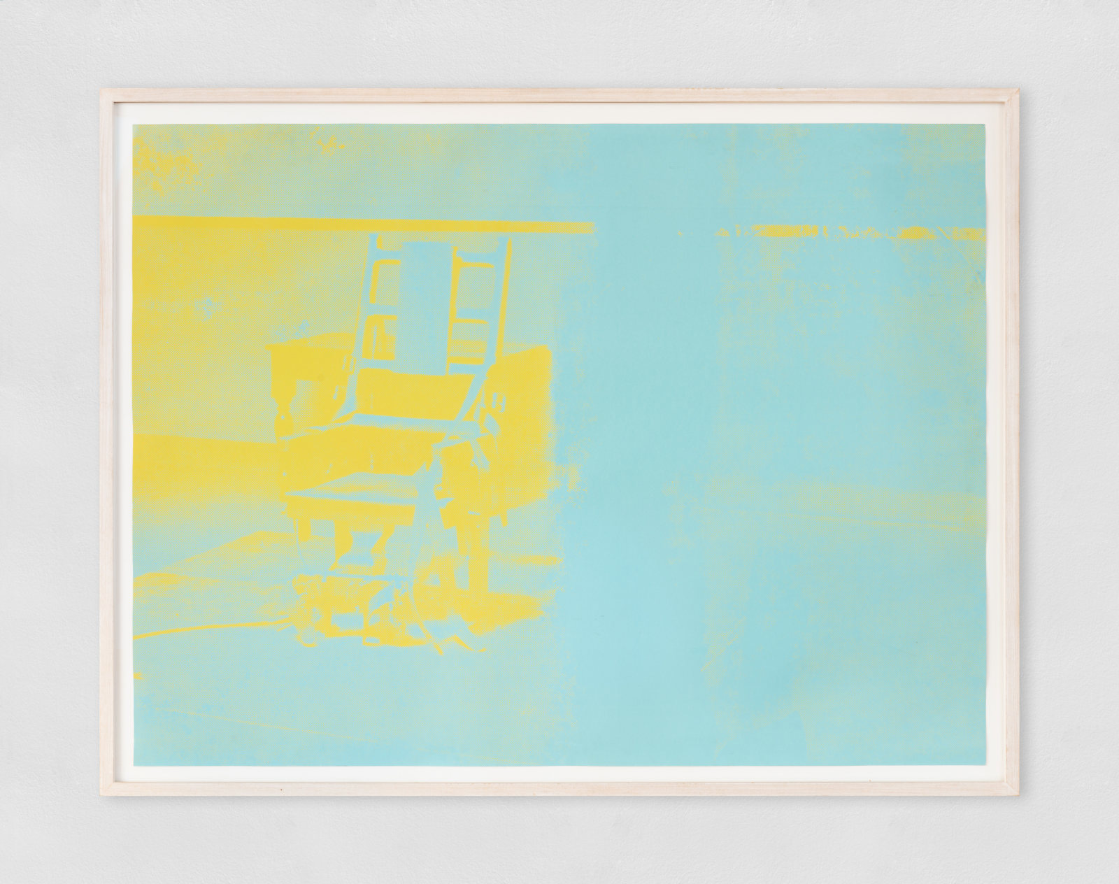 A silkscreen print of an electric chair in yellow and blue.