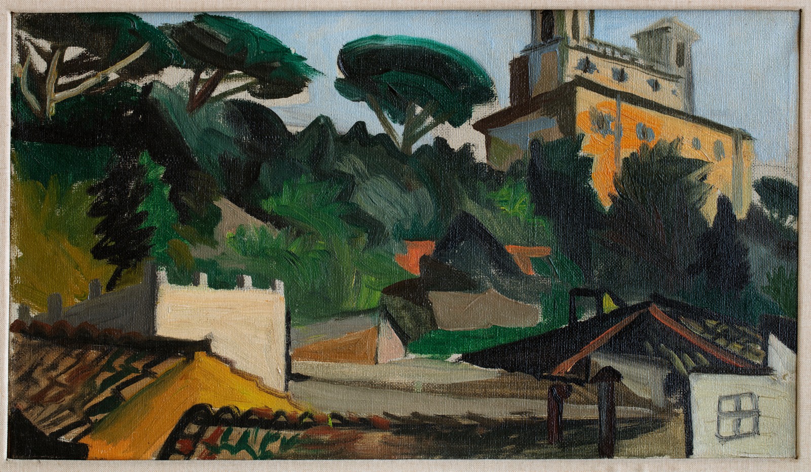 A detail of an oil painting of the Villa Medici in a Roman landscape.