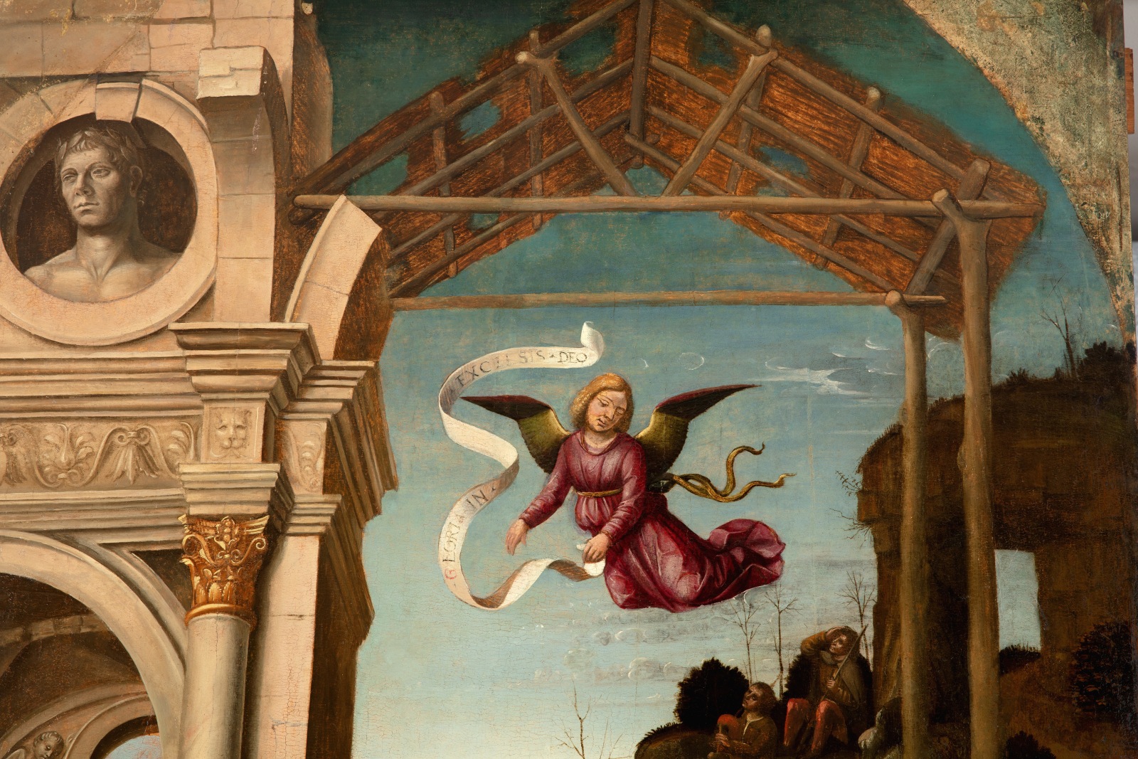 Detail of an oil painting of the adoration of the Christ Child.