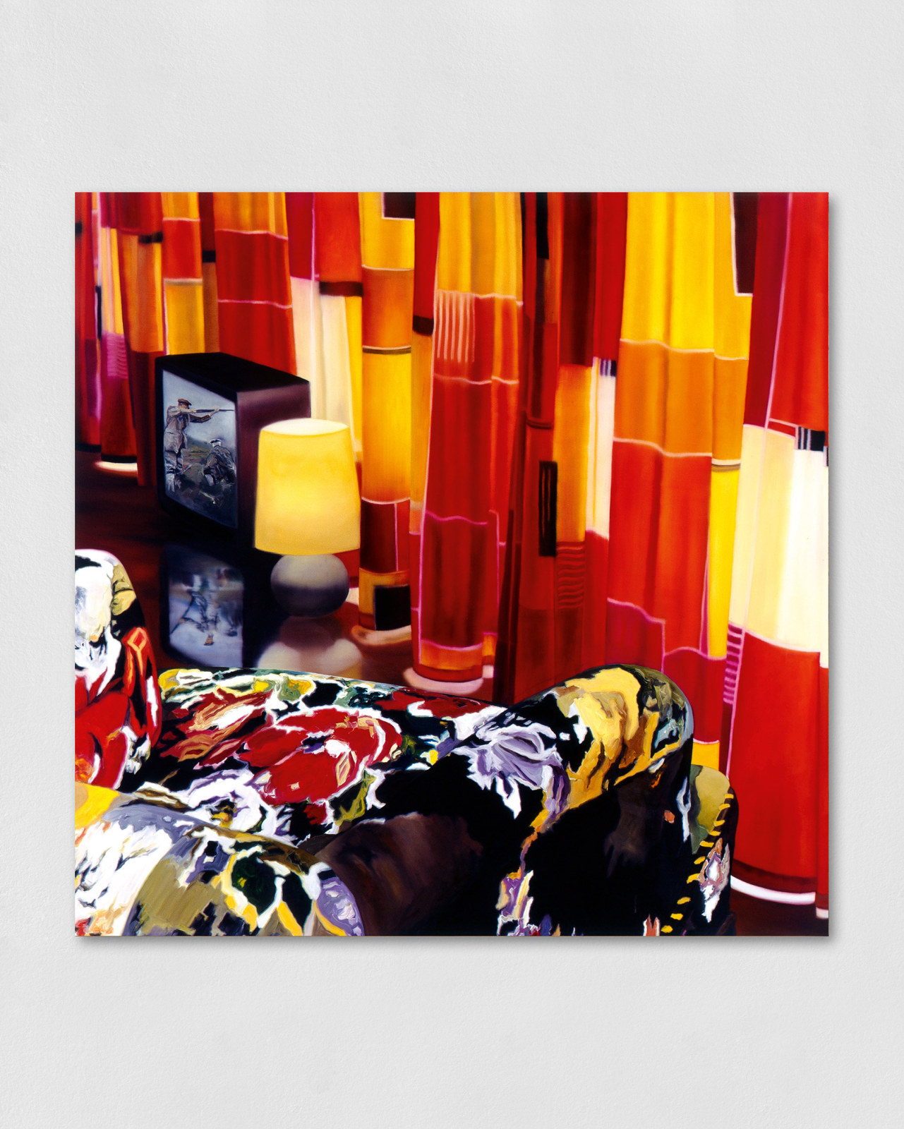 Oil painting of overlapping textures and patterns. A floral-patterned armchair dominates the bottom left-hand side of the composition, while a large bright curtain in orange and red squares hangs diagonally across the image. A tv showing a war scene and a lamp sit off-center reflecting their glow in the shiny floor.