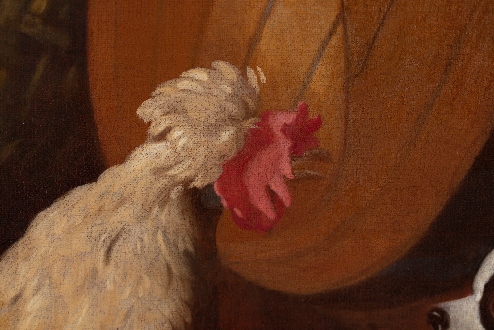 Painting of a still life with lute, carpet, dog, chickens and vase of flowers