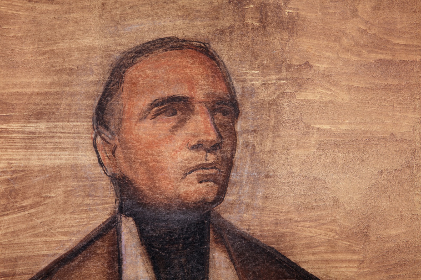Detail of a mixed-media painting of a male figure dressed as a merchant.