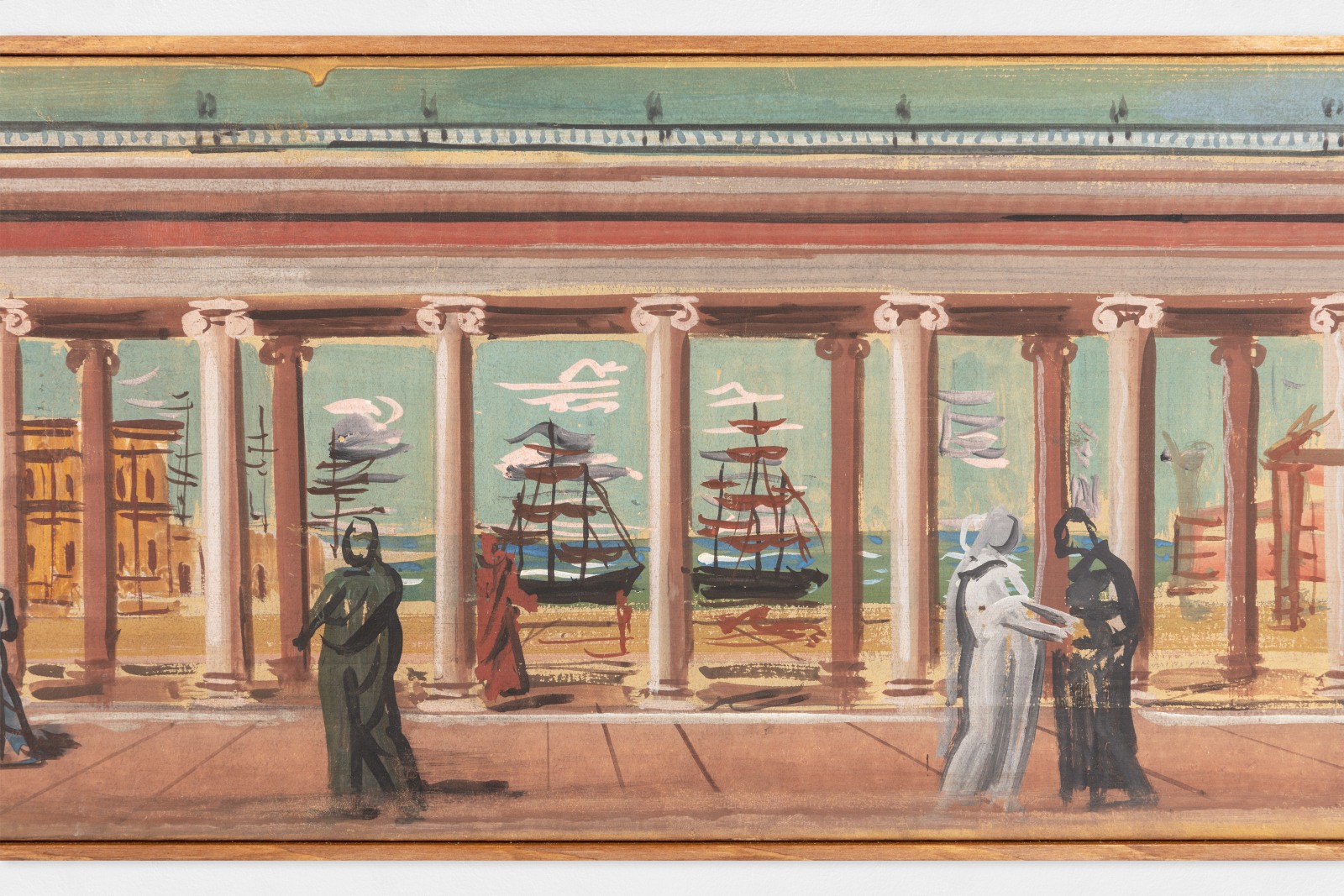 Detail of a tempera painting of a Piazza by the sea.