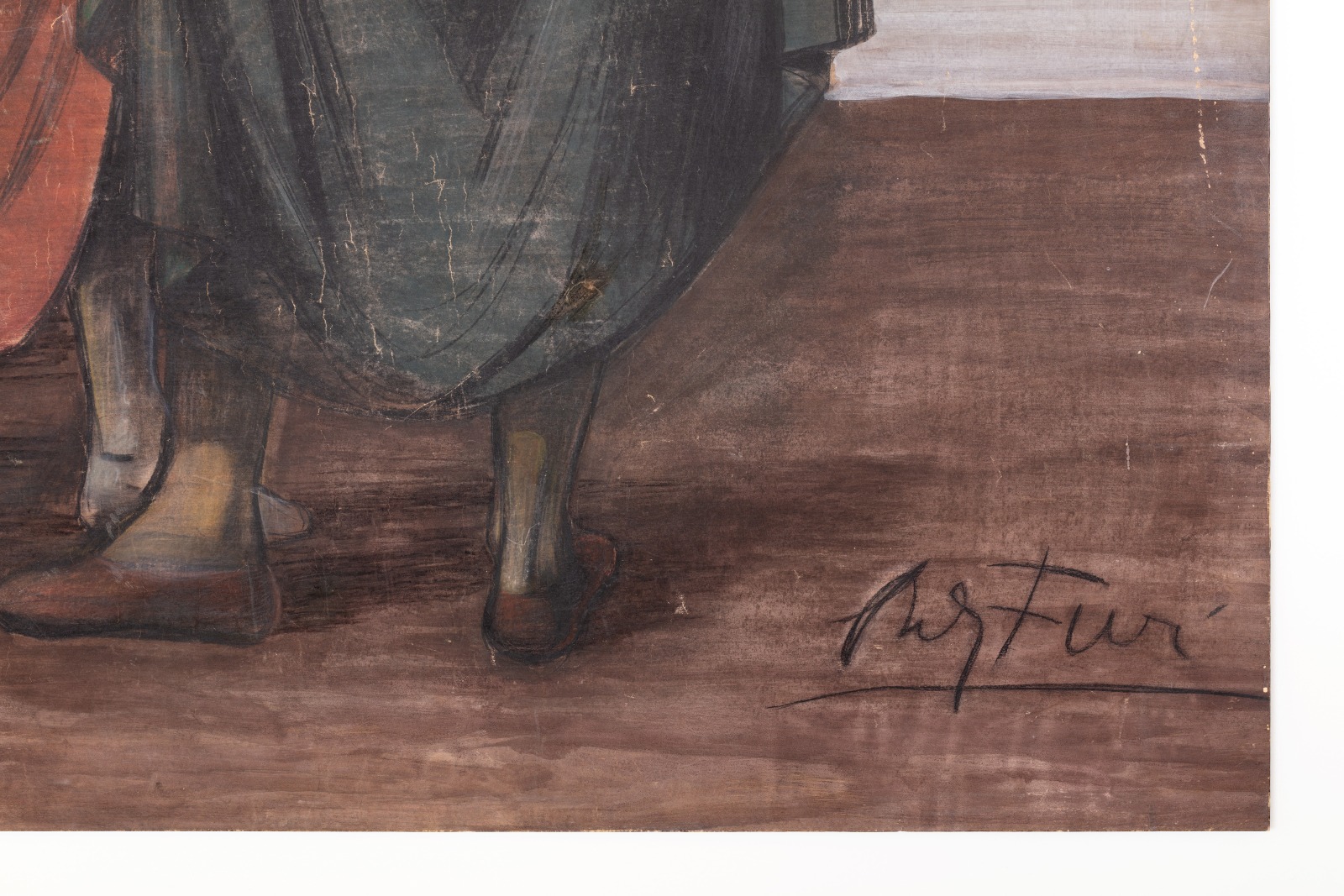 Detail of a tempera painting of a group of three male figures dressed as merchants.