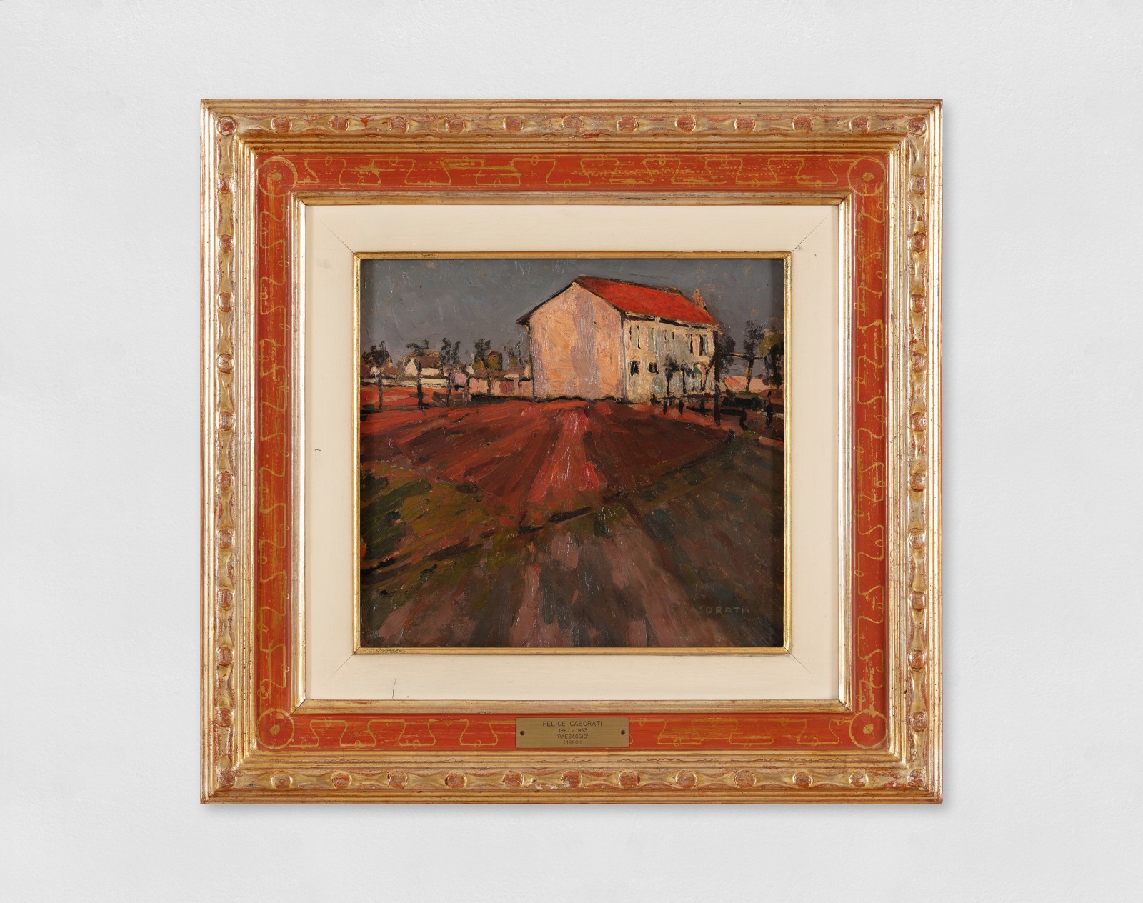 An oil painting of a white house with a red roof set in a tree-lined landscape.