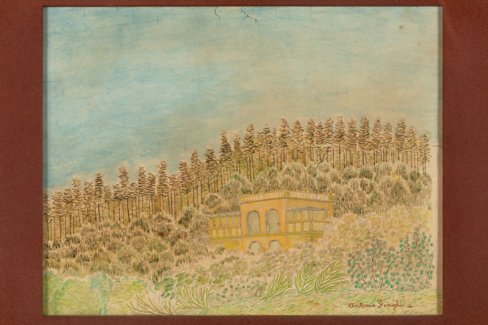 Watercolour pastel on paper of a house among trees. The work on paper is a study for the painting 'Villa al Faito'.