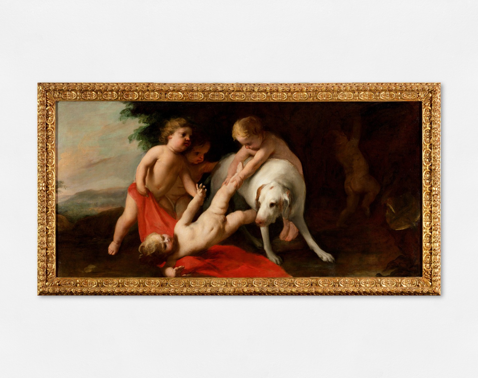 An oil painting of putti, the winged infants who either play the role of angelic spirits in religious artworks or act as instruments of profane love. They are often shown as associates of Cupid. They originated in Greek and Roman antiquity (the Latin word putus means little man). The putti seen here are playing with a dog.
