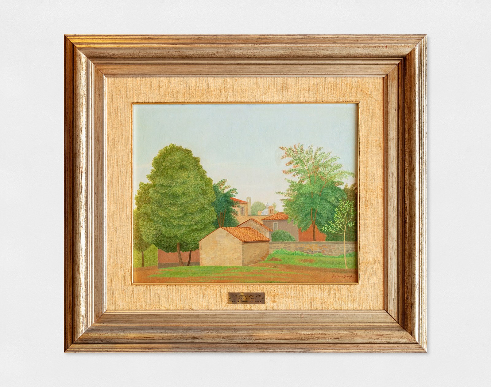 An oil painting of a Villa outside the city, surrounded by green leafy trees and a brick wall.