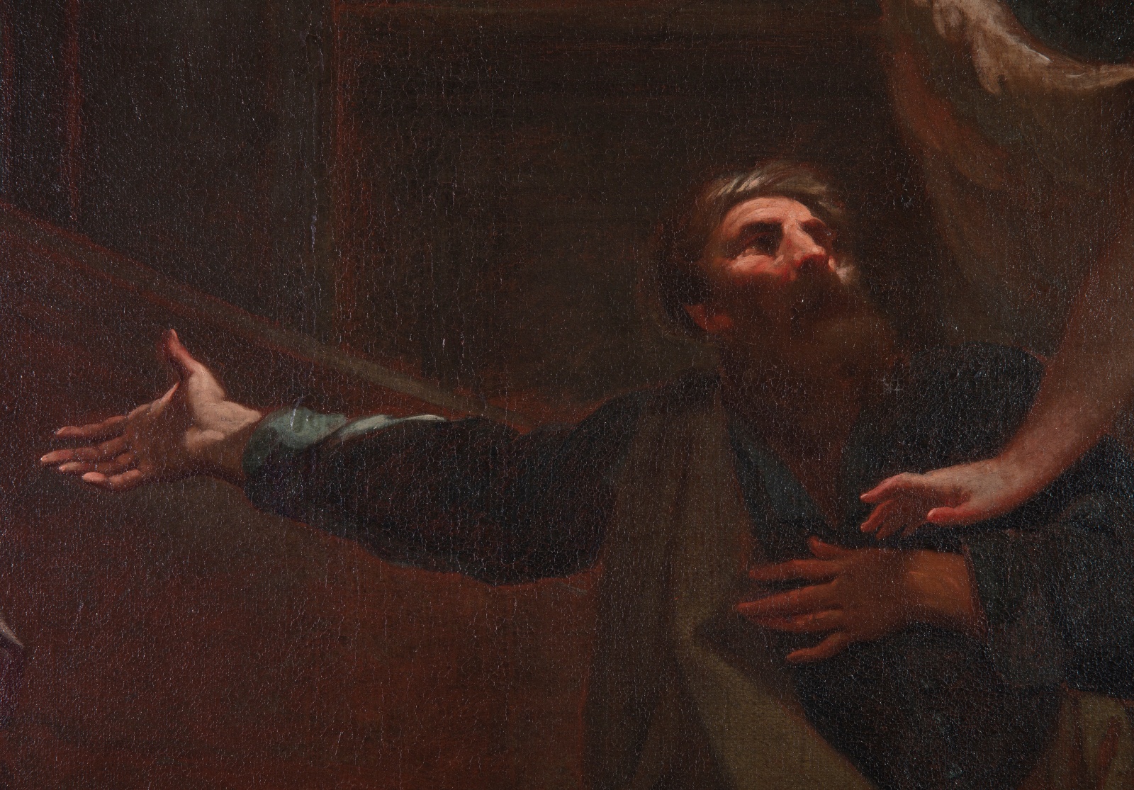 Detail of an oil painting of the biblical event the Trinity, three angels visiting Abraham at the Oak of Mamre (Genesis 18:1–8). Abraham, dressed in darker tones, kneels at the feet of the angels, draped in vibrant blue and gold. Artwork details: Artist: Antonio Balestra (copy). Artwork title: Abramo e la Trinità.