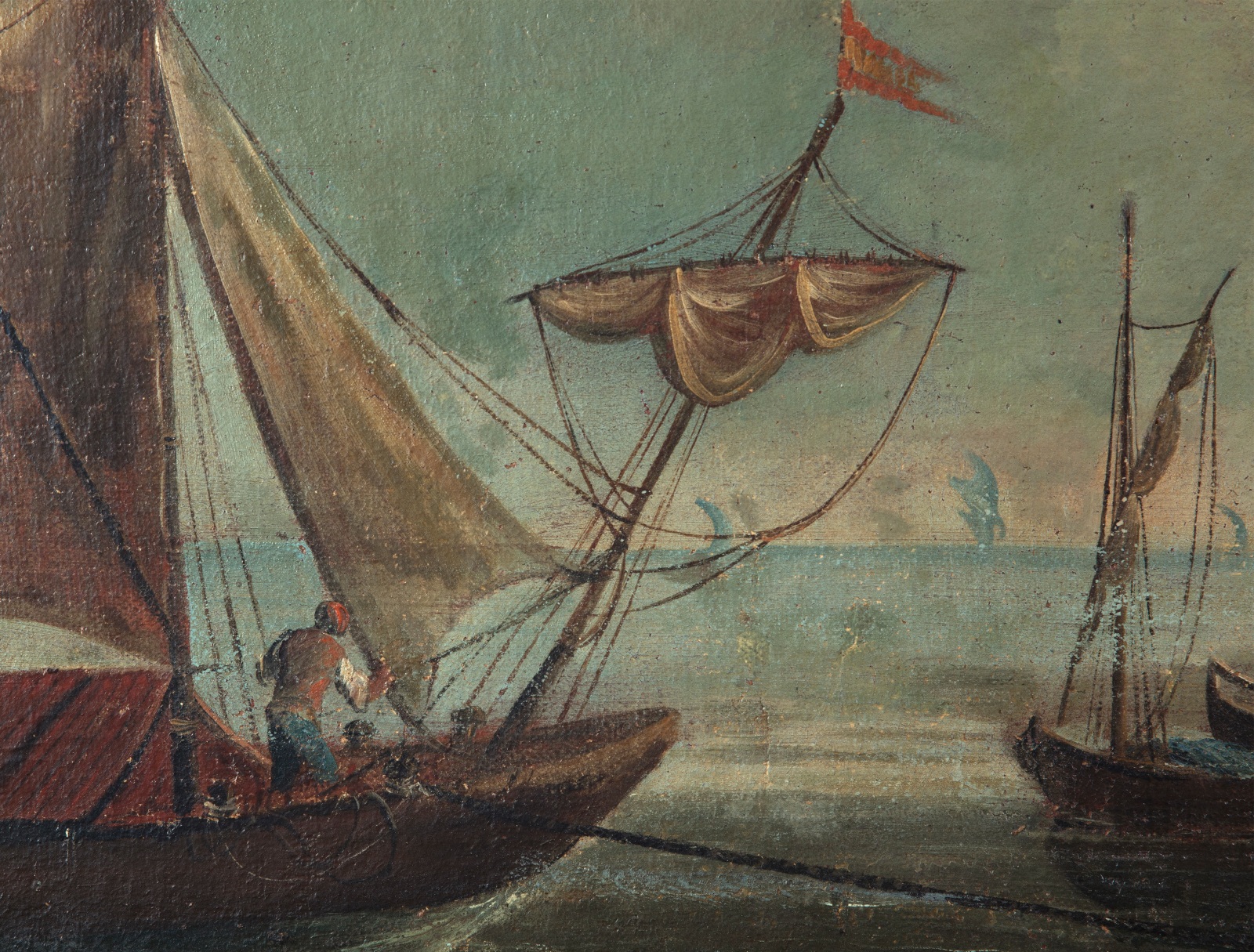 Painting of a landscape with a ship docking