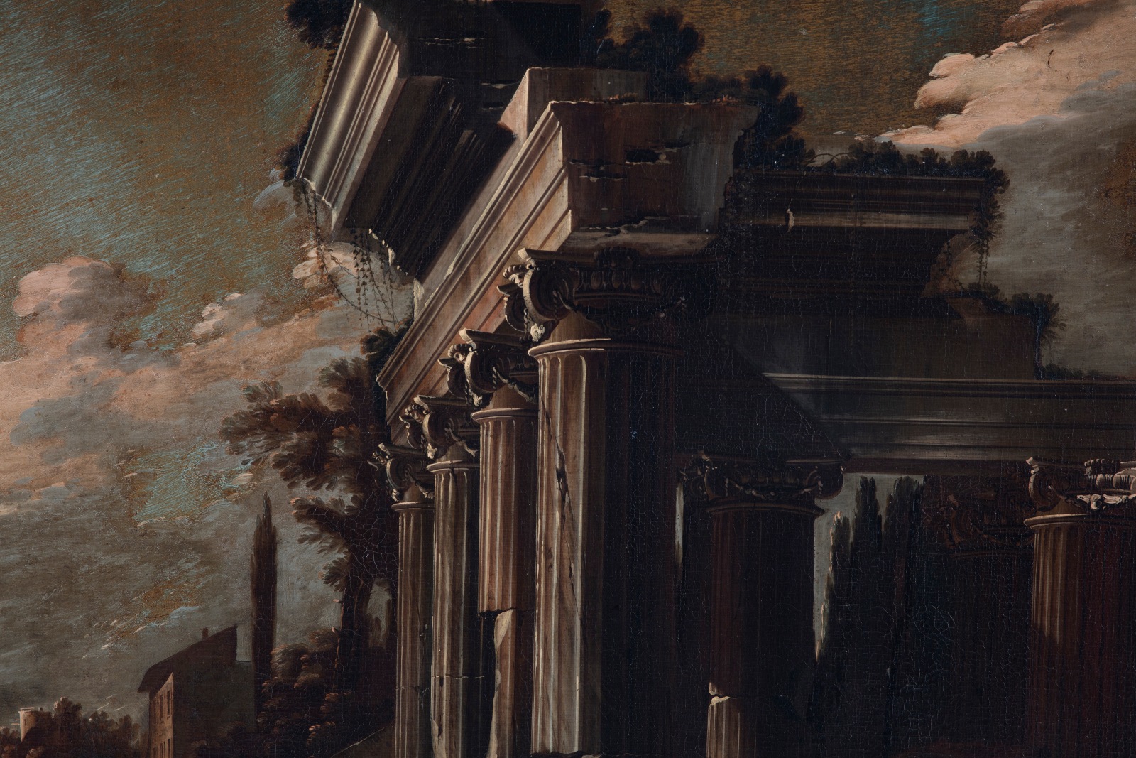An oil painting of a landscape featuring figures beneath architectural ruins.
