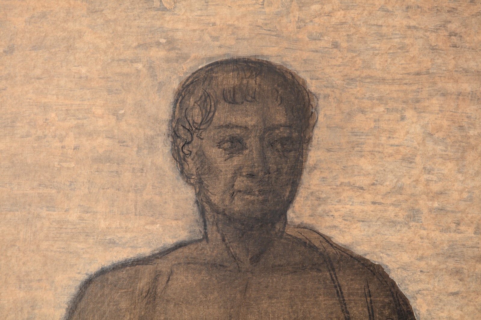 Detail of a mixed-media painting of a male figure with drapery.