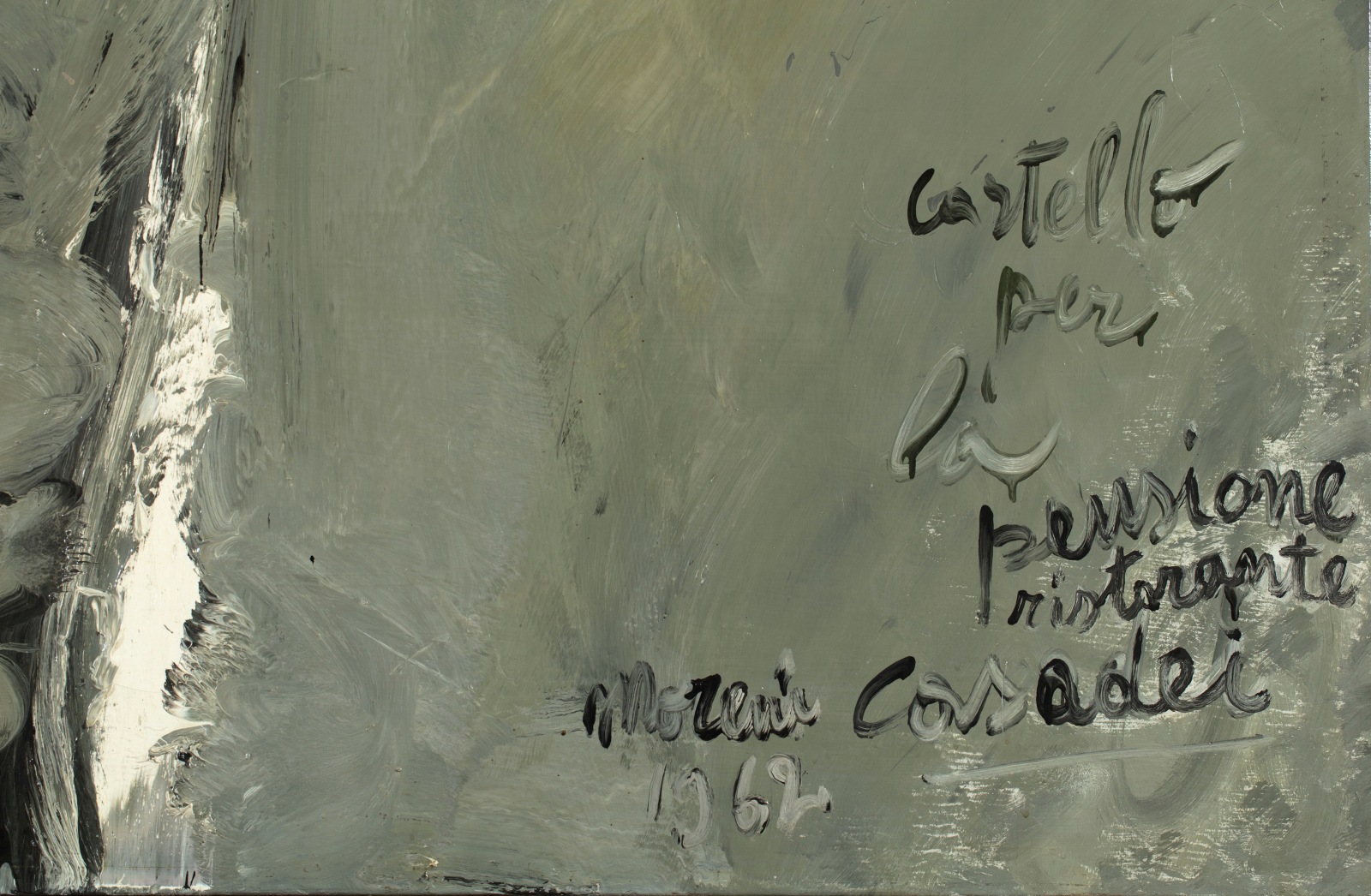 A detail of an oil on canvas abstract grey painting with white and black highlights.