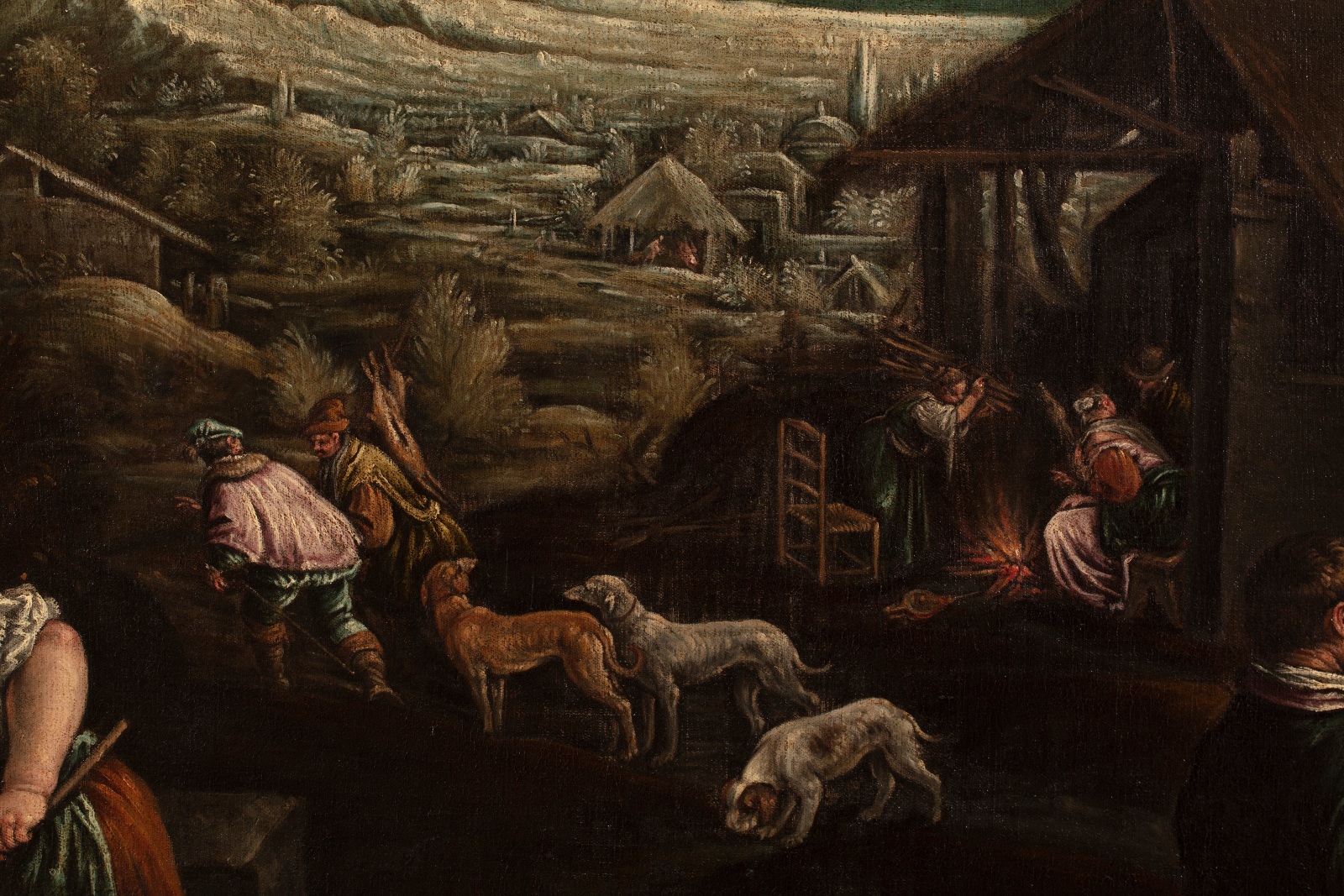 Detail of an oil painting of rural people preparing slaughtered animals for food.
