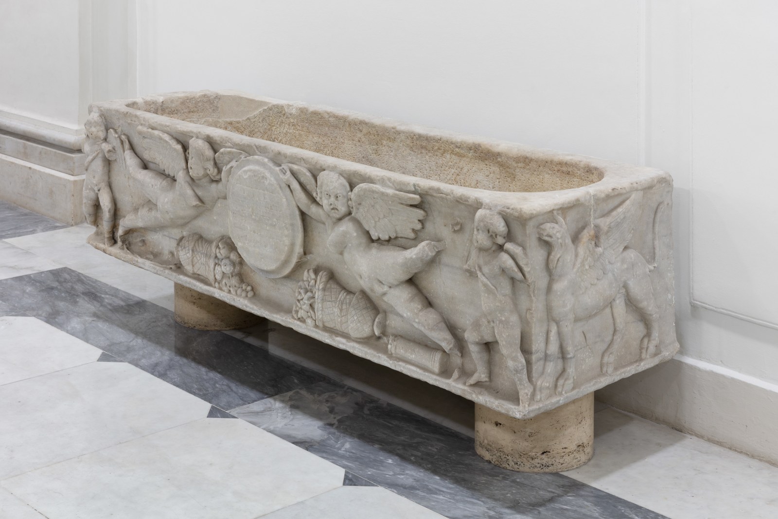 A marble sarcophagus.