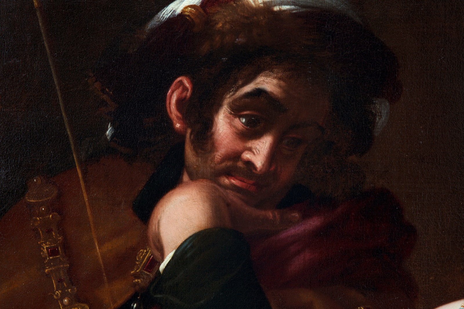 Detail of an oil painting of the biblical event from the New Testament, the story of the beheading of John the Baptist where the severed head is presented on a silver platter to Herod Antipas, ruler of Galilee under the Roman Empire who ordered his execution.
