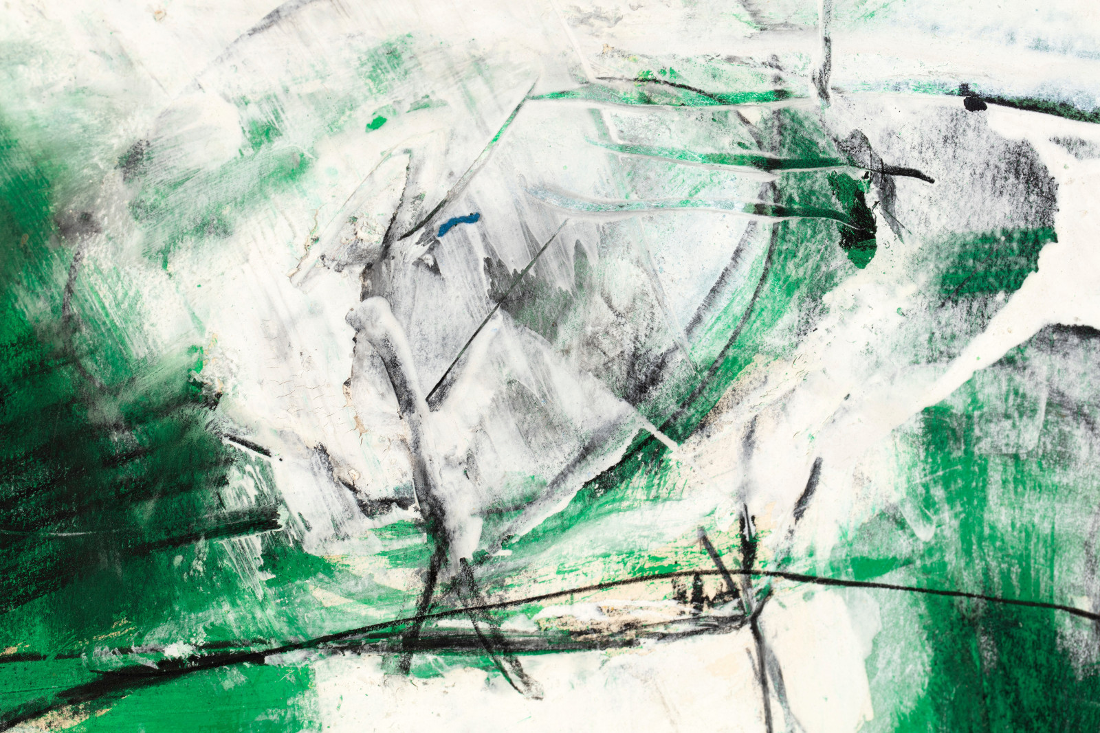 Detail of an oil paint and mixed media abstract composition in green, white, and black. Artwork details: Artist: Afro Basaldella. Artwork title: Composizione verde. Artwork year: 1963. Artwork medium: Oil and mixed media. Artwork dimensions: 48 x 63 cm.