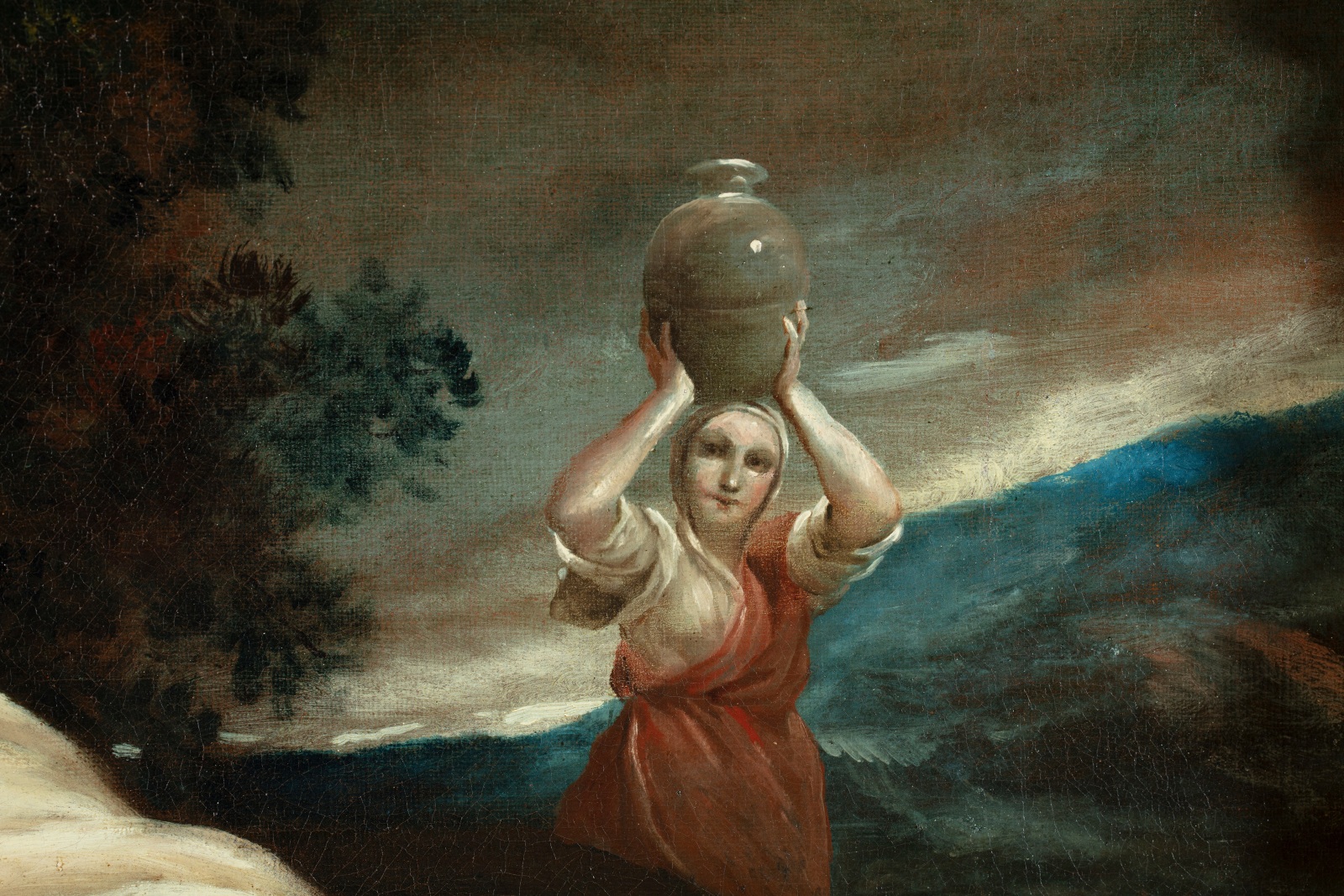 Detail depicting a woman with a jug on her head.