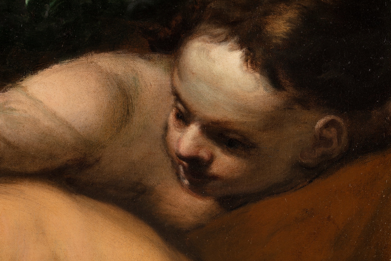 Detail of an oil painting of a sleeping menade. In Greek mythology, maenads were the female followers of Dionysus. This detail shows the face of the second figure looking at the sleeping menade.